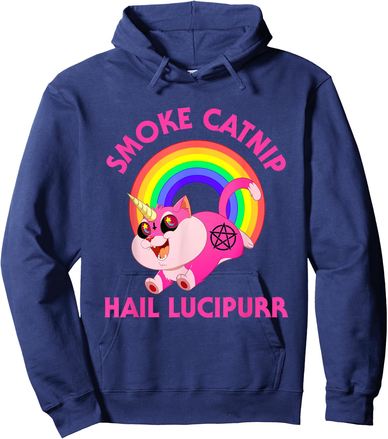 Smoke Catnip Hail Lucipurr, Funny Satan Cat Unicorn Meme Men Women Kids Hoodie - Hoodie | Navy