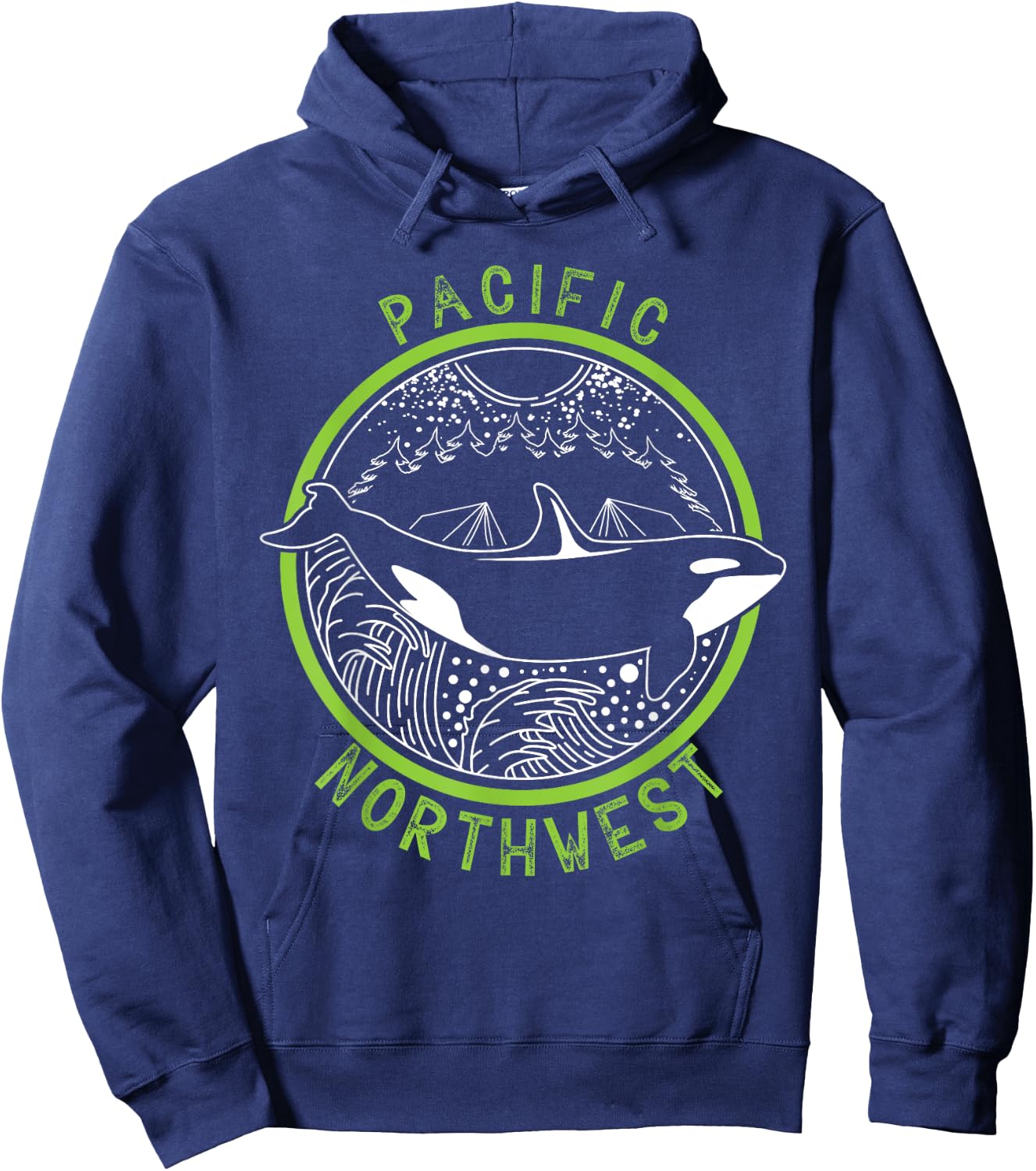 Pacific Northwest Orca Whale Tree Mountain Ocean PNW Hoodie - Hoodie | Navy