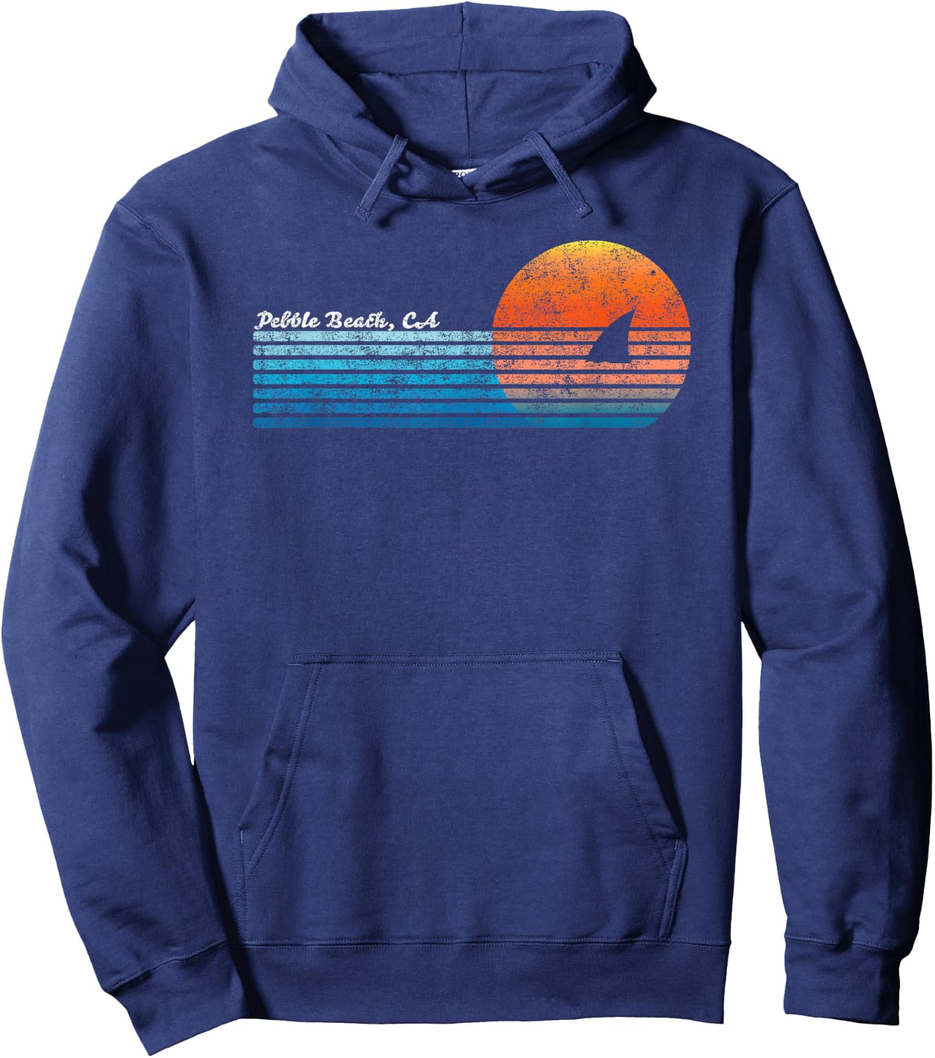 Vintage Pebble Beach, CA Retro 80s Shark Fin Sunset Women Girls Kids Hoodie - Hoodie | Navy