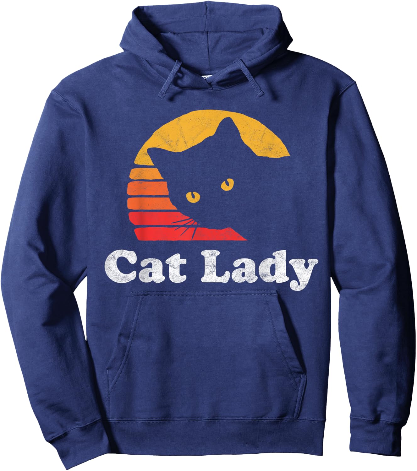 Vintage Retro Style Cat Lady 80's Sun Distressed Funny Hoodie - Hoodie | Navy