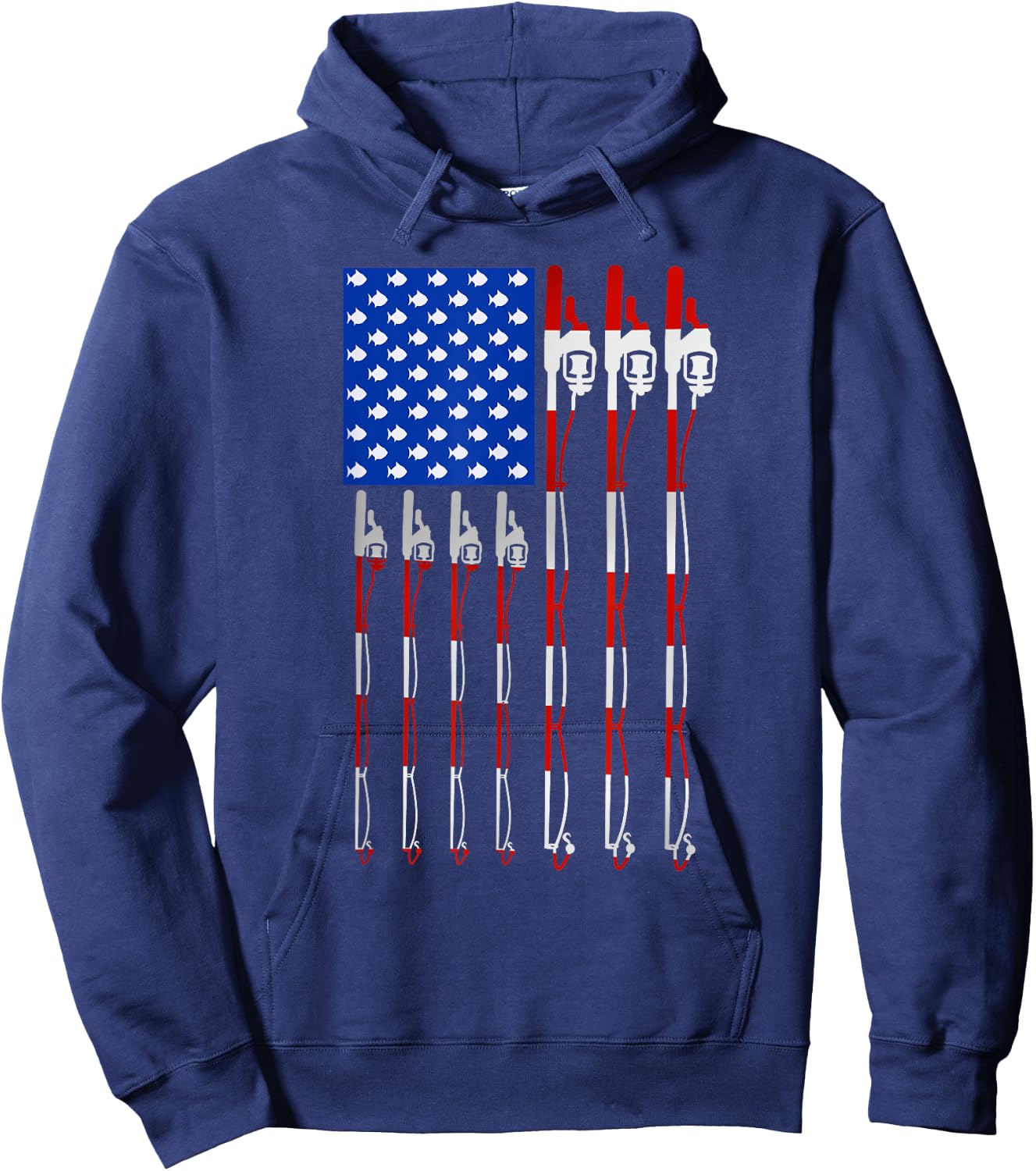 Patriotic Fishing American USA Flag Fishing Pole Women Kids Men Hoodie - Hoodie | Navy