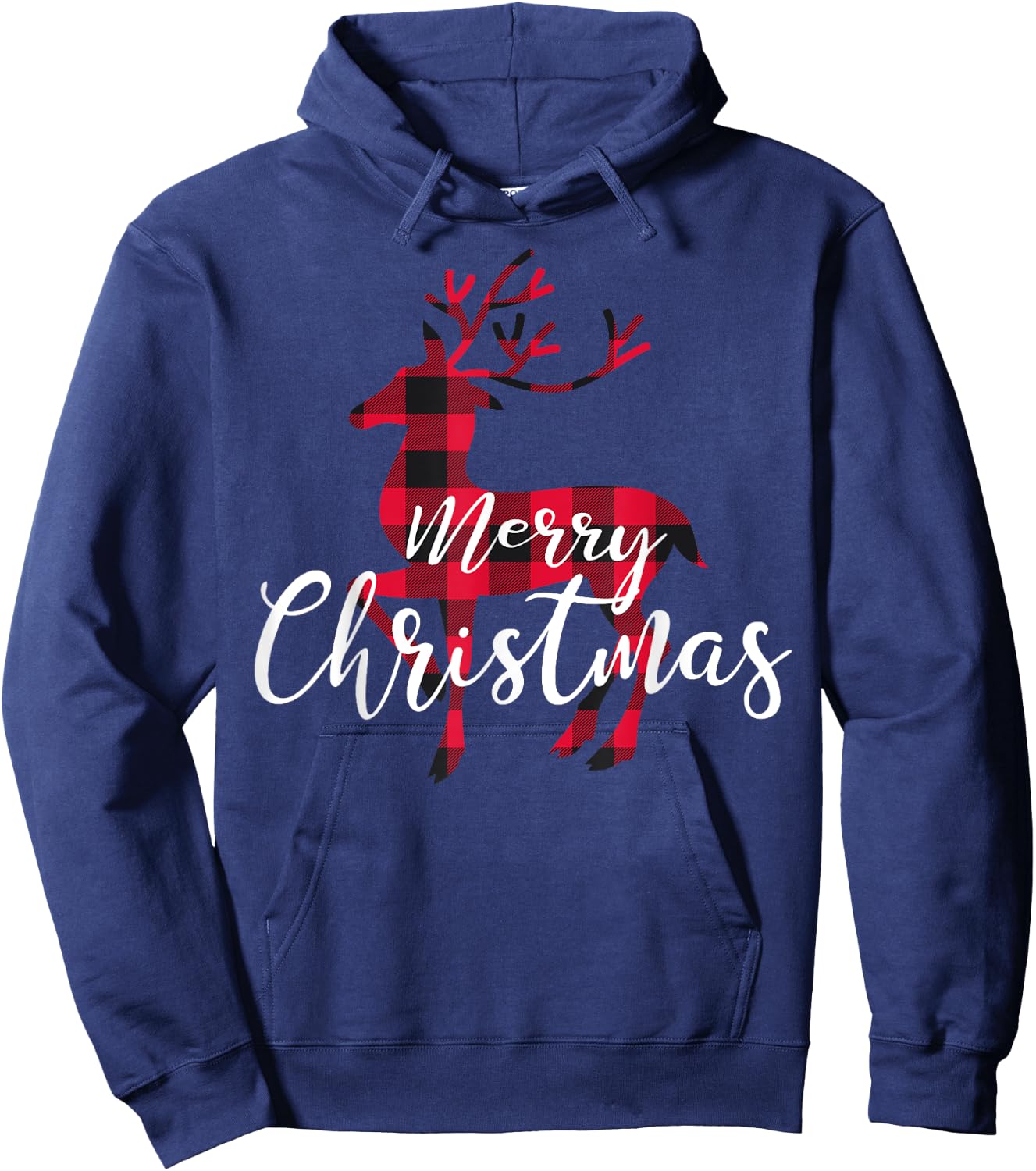 Black and Red Buffalo Plaid Rustic Deer Merry Christmas Hoodie - Hoodie | Navy