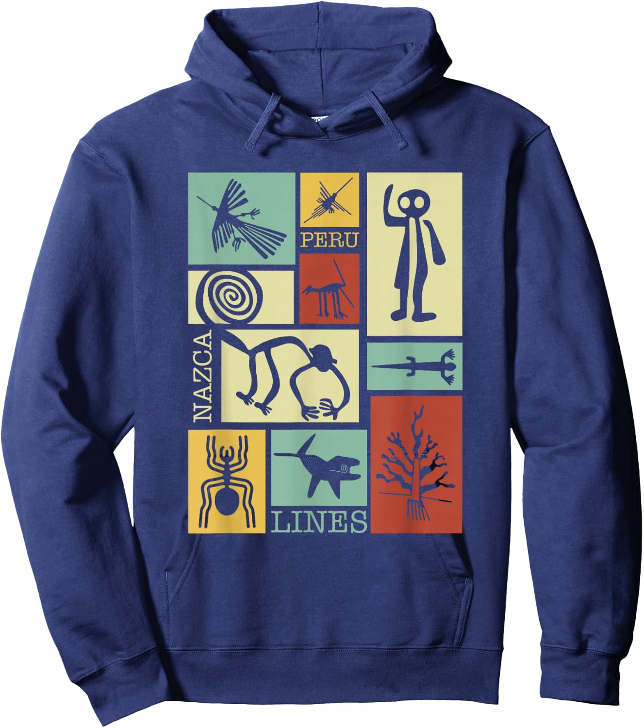 National Introvert Society Nazca Lines Peru Geoglyphs Retro - Black, Small, , Short Sleeve, Classic Fit Hoodie - Hoodie | Navy