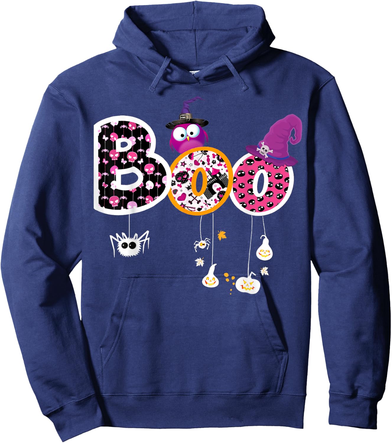 Boo Halloween Costume Spiders, Ghosts, Pumkin & Witch Hat Hoodie - Hoodie | Navy