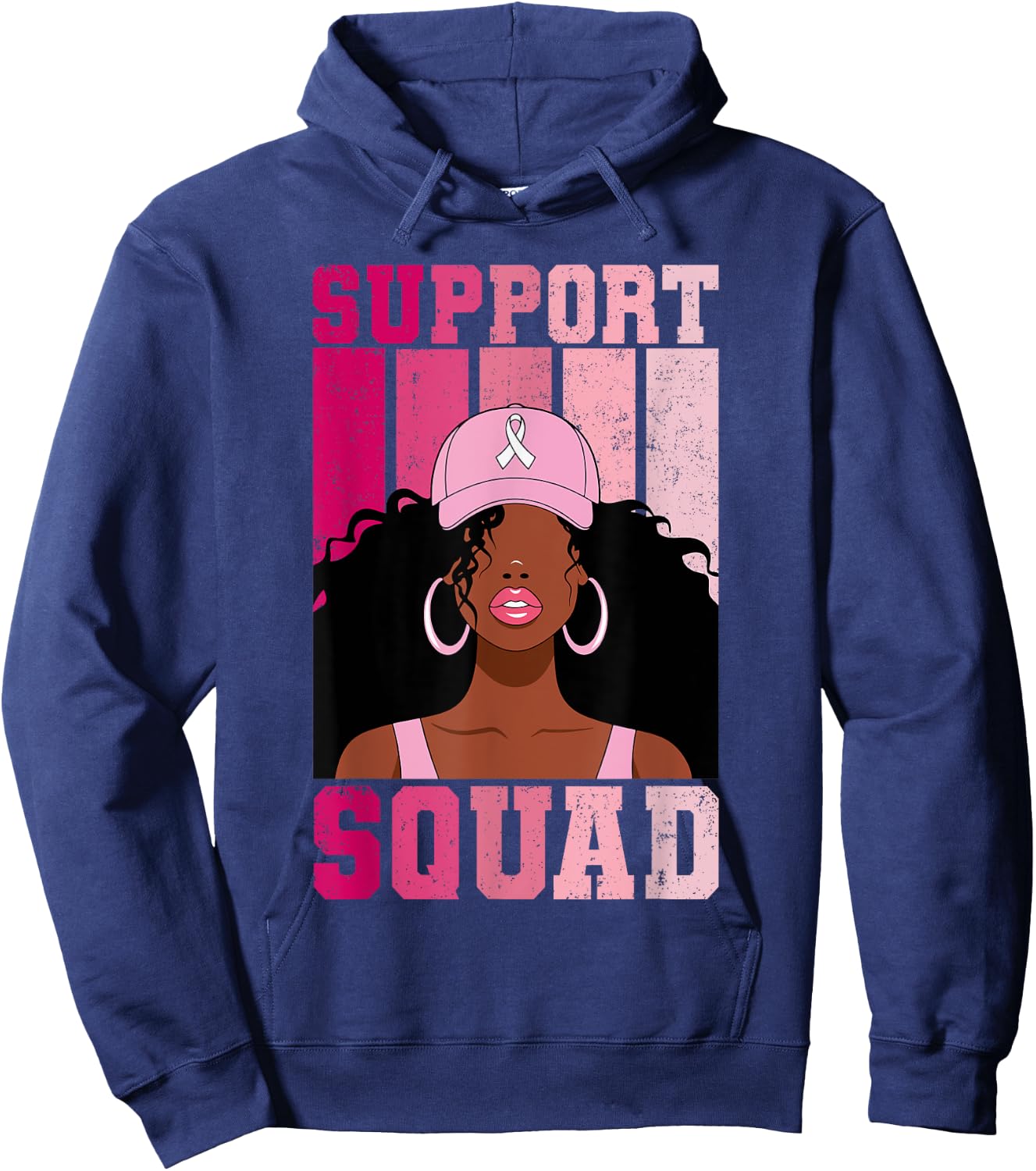 Black Woman Pink Ribbon October Breast Cancer Support Squad Hoodie - Hoodie | Navy