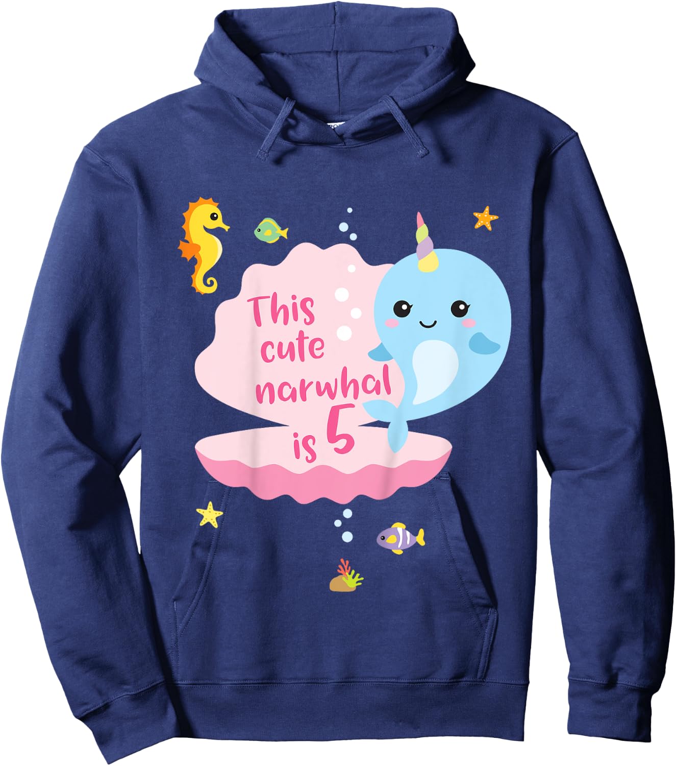5th Birthday 5 Year Old Girl Boy Gift Narwhal Sea Unicorn Hoodie - Hoodie | Navy