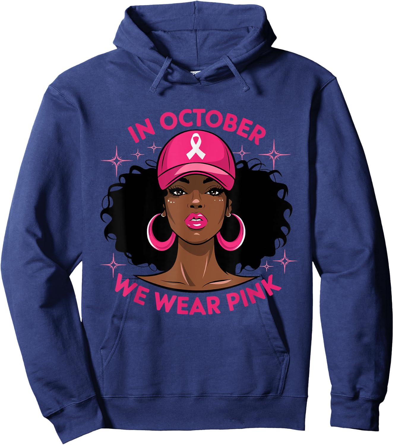 Black Woman In October We Wear Pink Ribbon Breast Cancer Hoodie - Hoodie | Navy