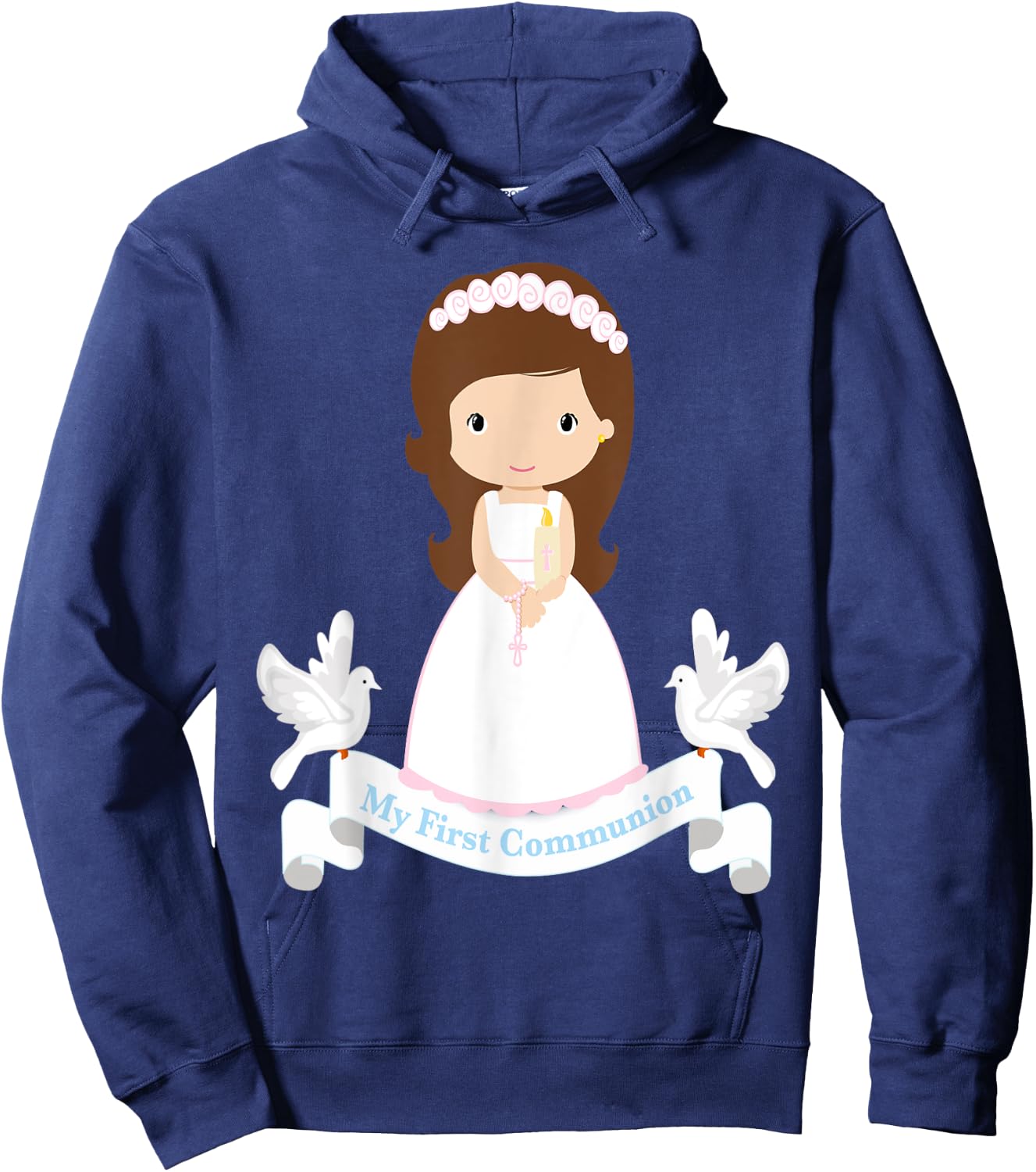 First Communion Shirt Kids Rosary Girls Daughter Brown Hair Hoodie - Hoodie | Navy