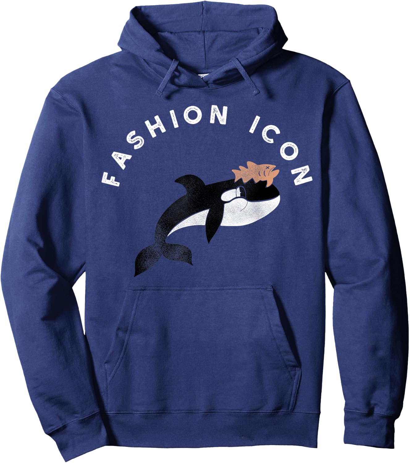 Fashion Icon Orca Whale Wearing Dead Salmon on Head Hoodie - Hoodie | Navy