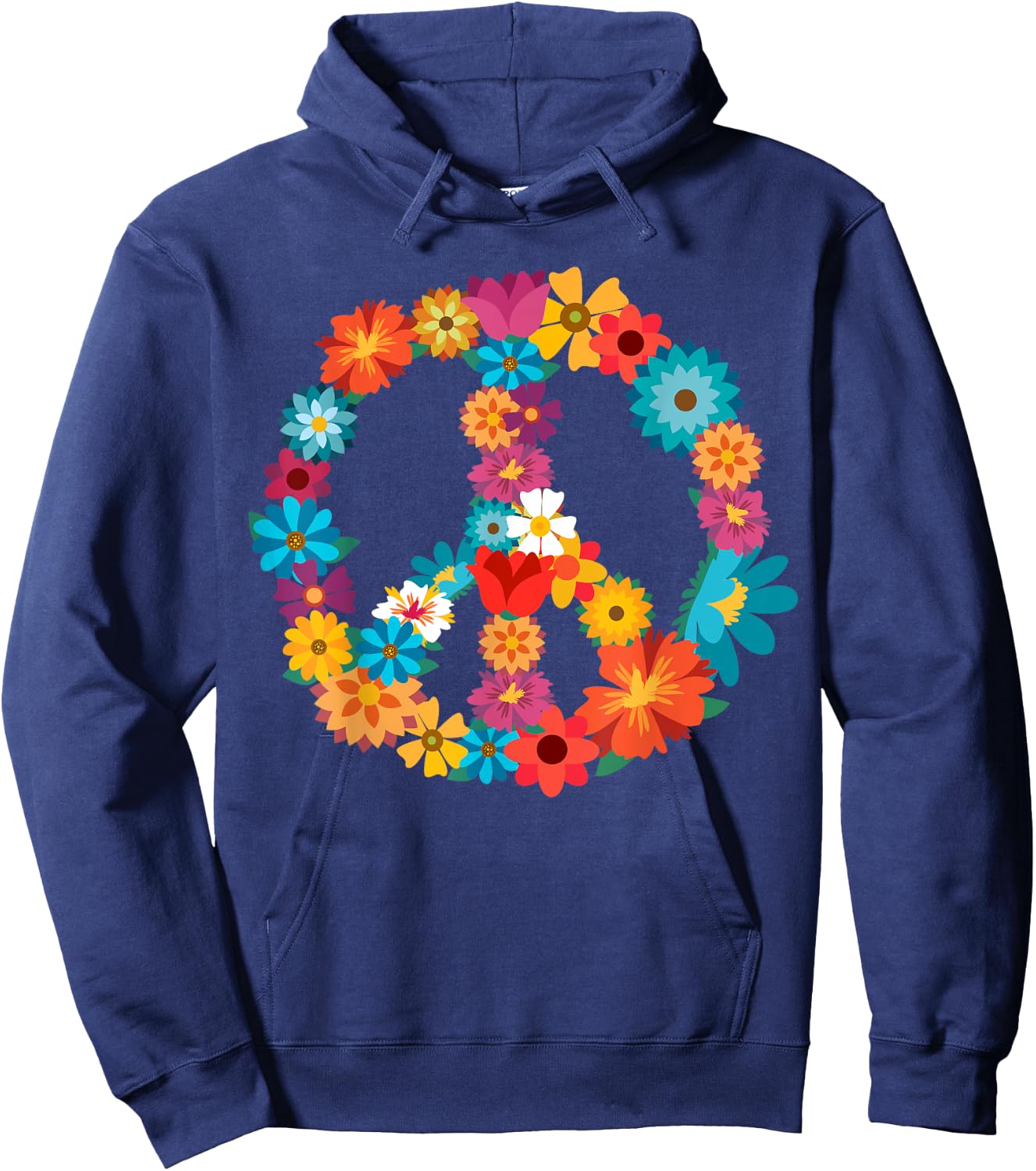 Peace Love | 60's 70's Hippie Costume Colorful Flowers Hoodie - Hoodie | Navy