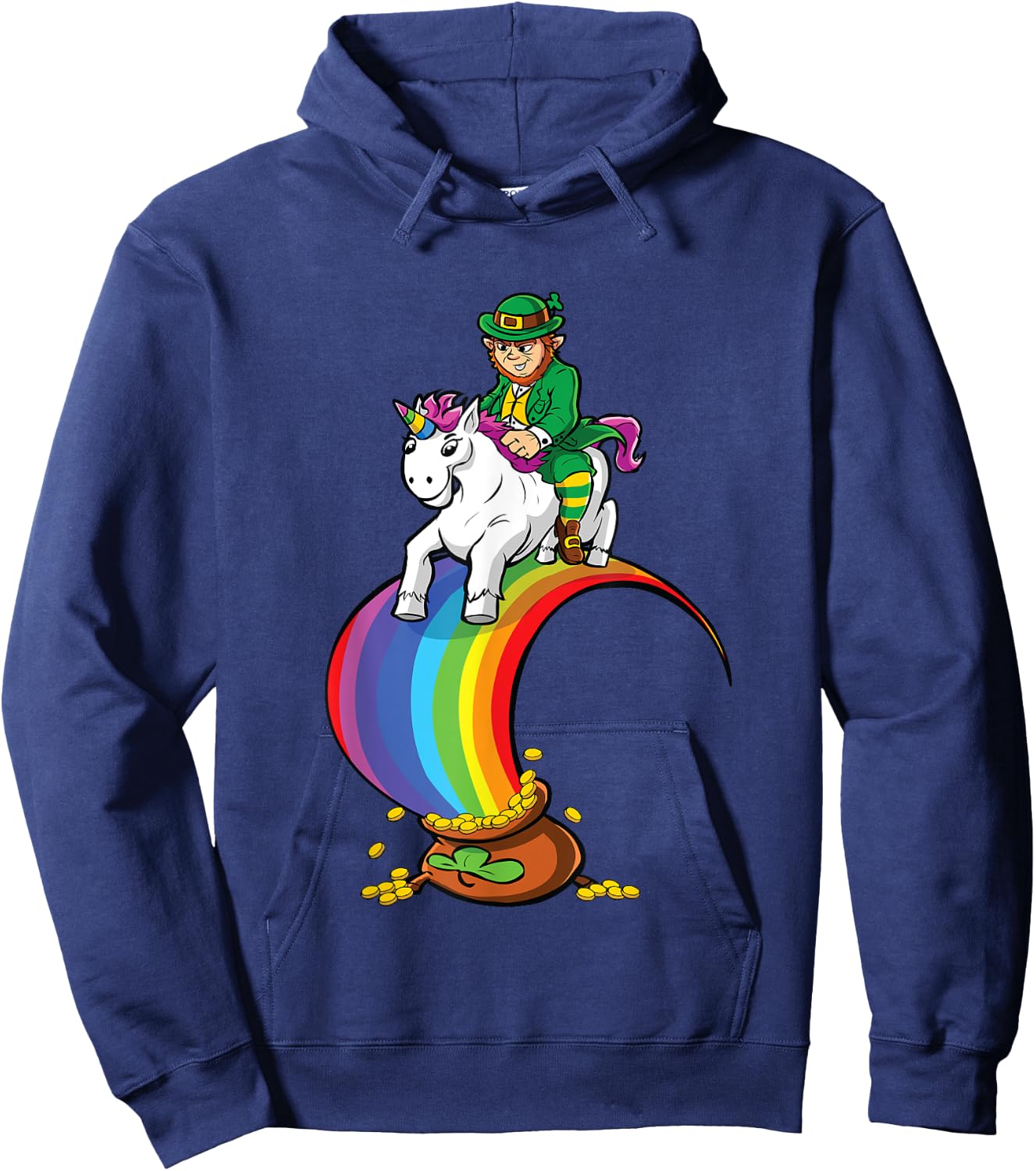 Leprechaun Riding Unicorn Over Rainbow & Pot of Gold Hoodie - Hoodie | Navy