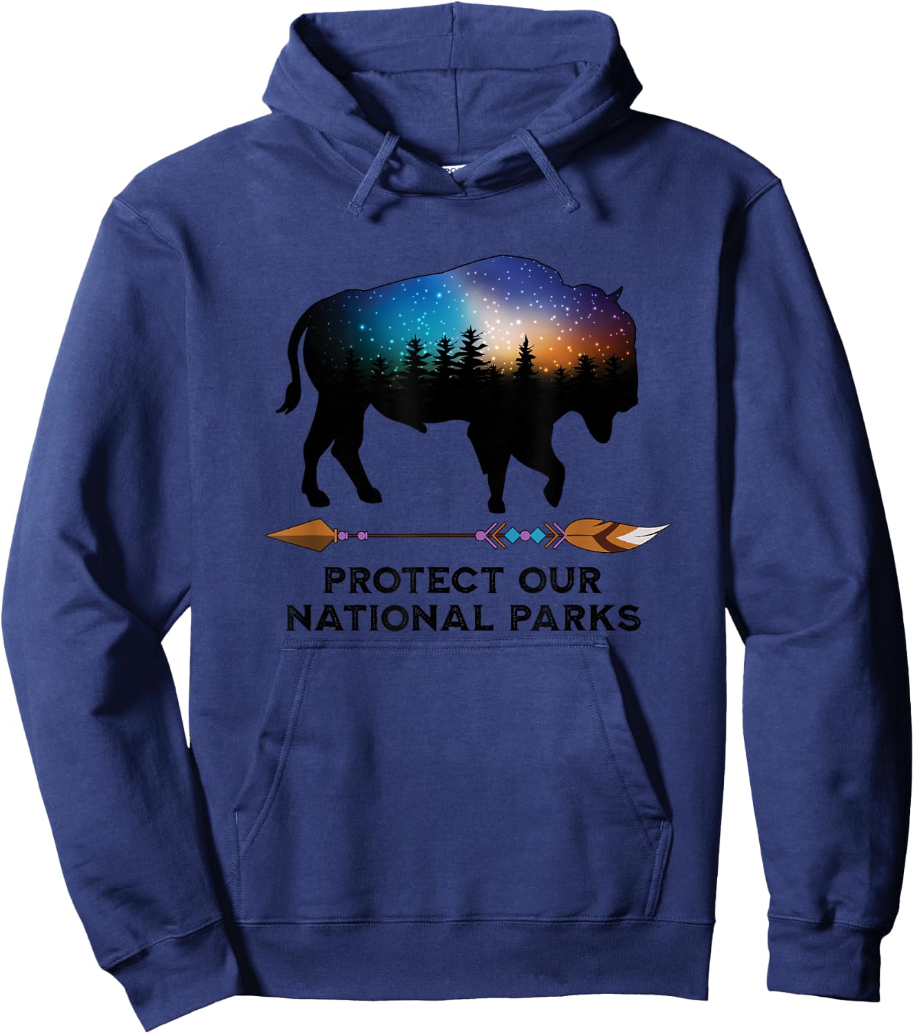 Save Our National Parks Vintage Bison Forest Starscape Hoodie - Hoodie | Navy