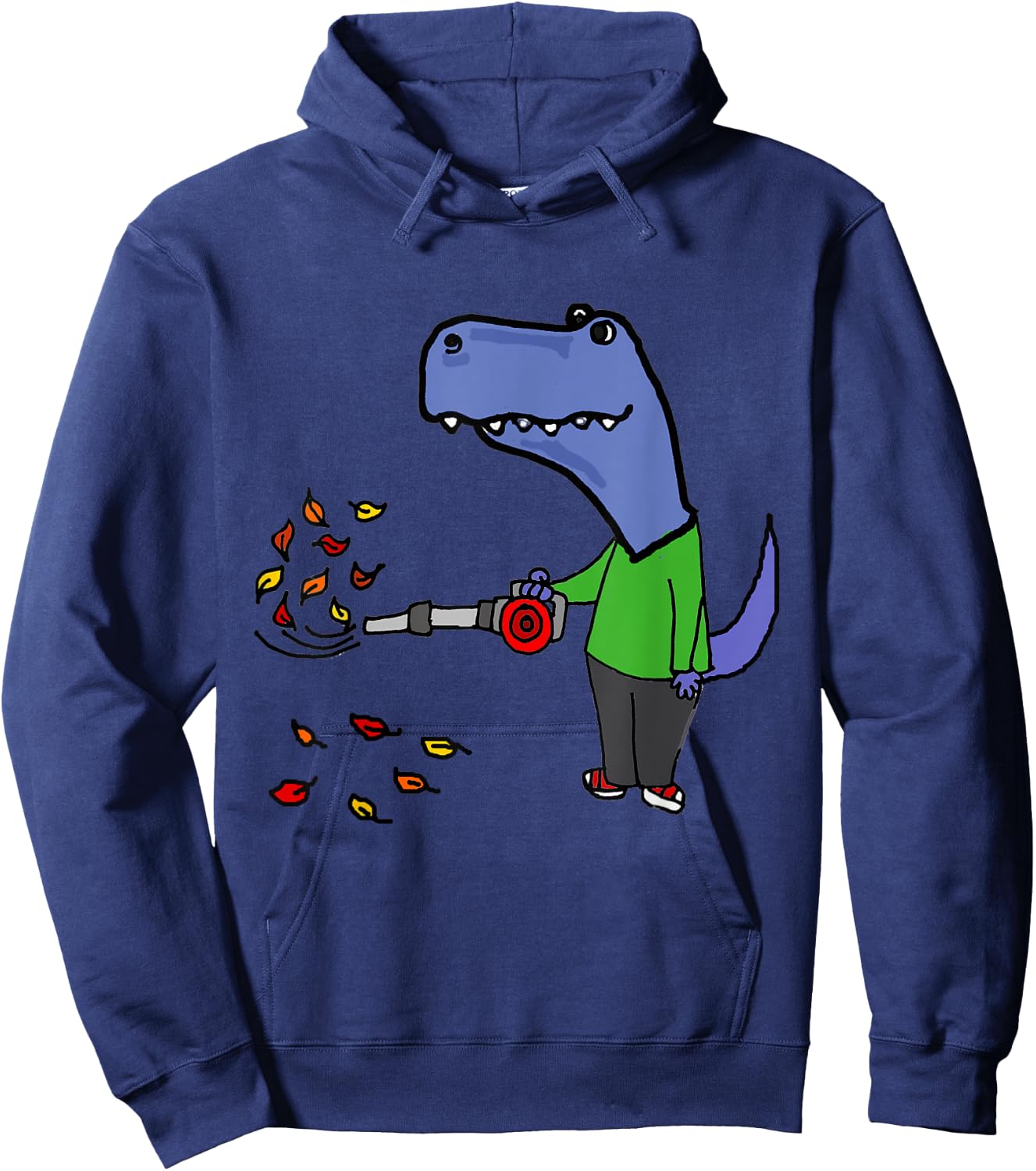Smileteesall Funny T-rex Dinosaur using Leaf Blower Cartoon Hoodie - Hoodie | Navy