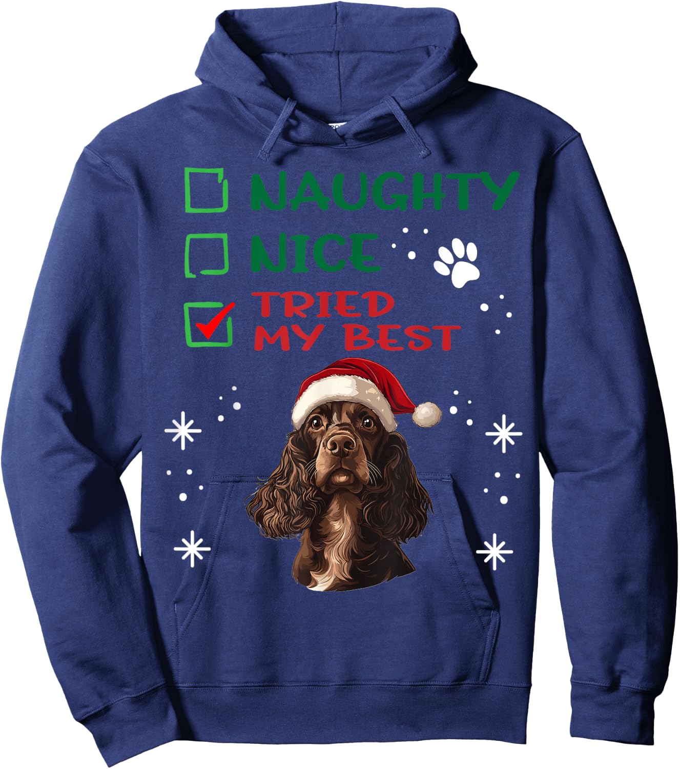 Cute English Cocker Spaniel Dog Christmas Naughty Nice Tried Men Women Kids Hoodie - Hoodie | Navy