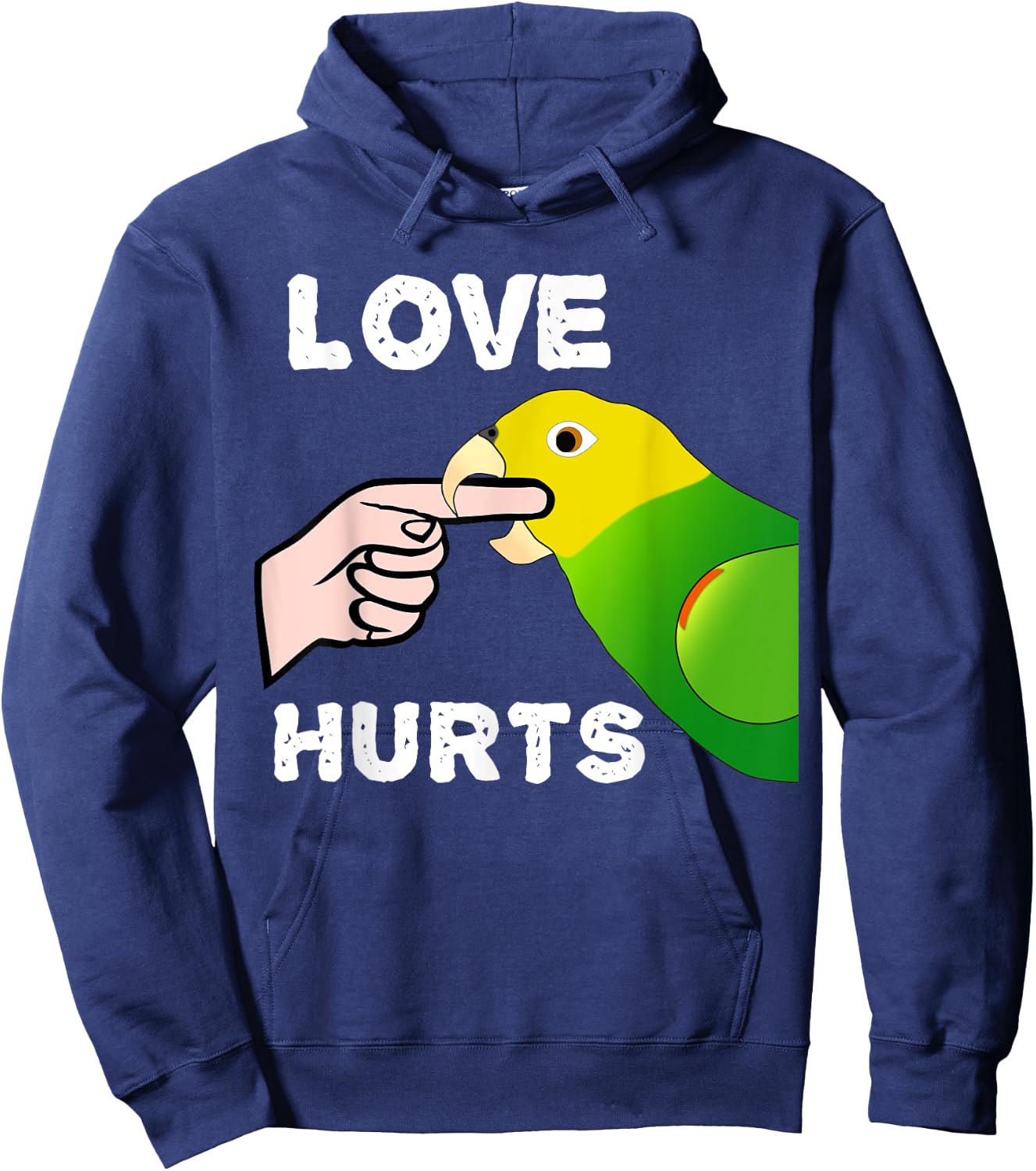 Love Hurts Yellow Head Amazon Parrot Biting Finger Hoodie - Hoodie | Navy