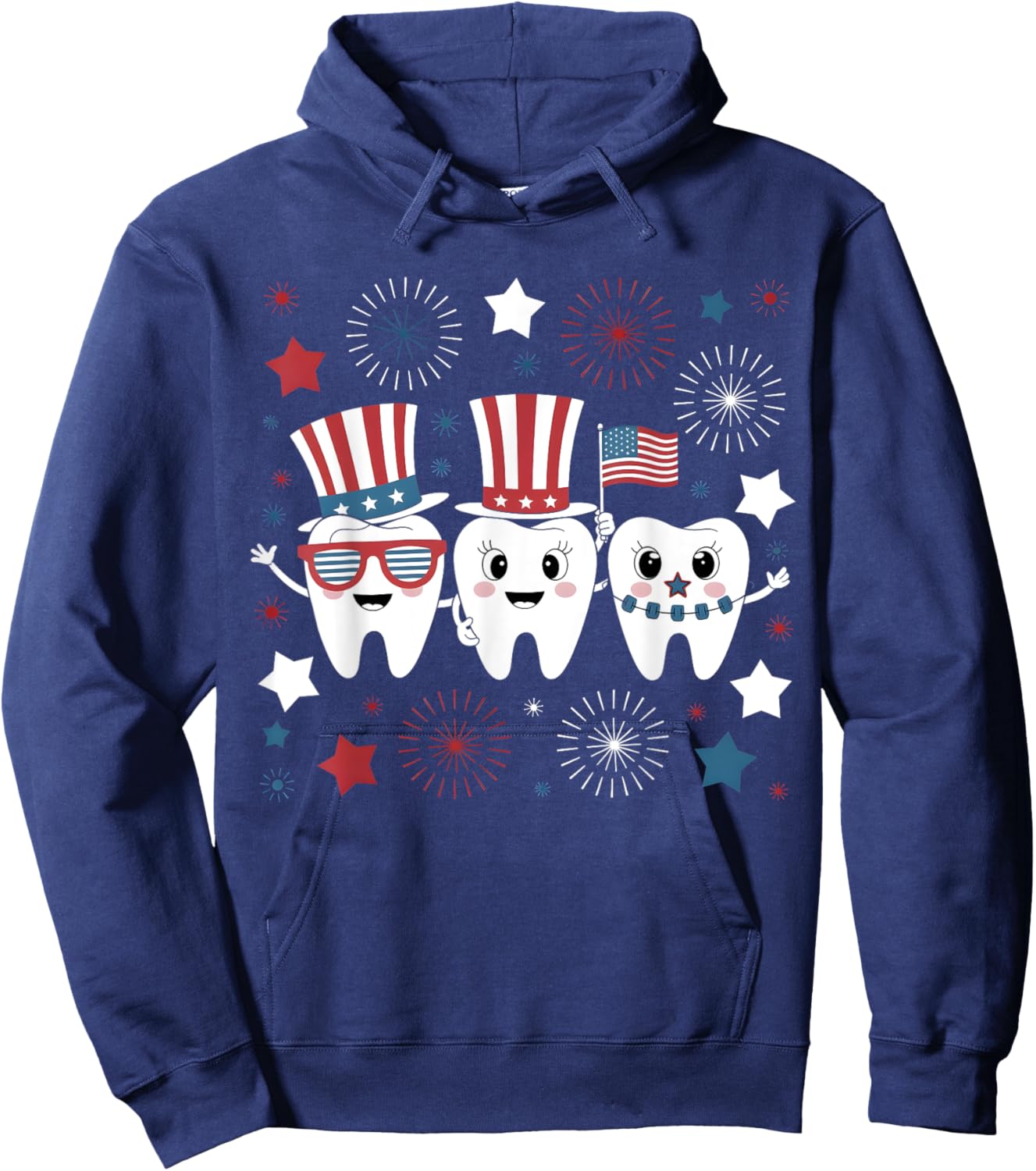 Three Teeth 4th Of July US Flag Firework Dentist Dental Team Hoodie - Hoodie | Navy