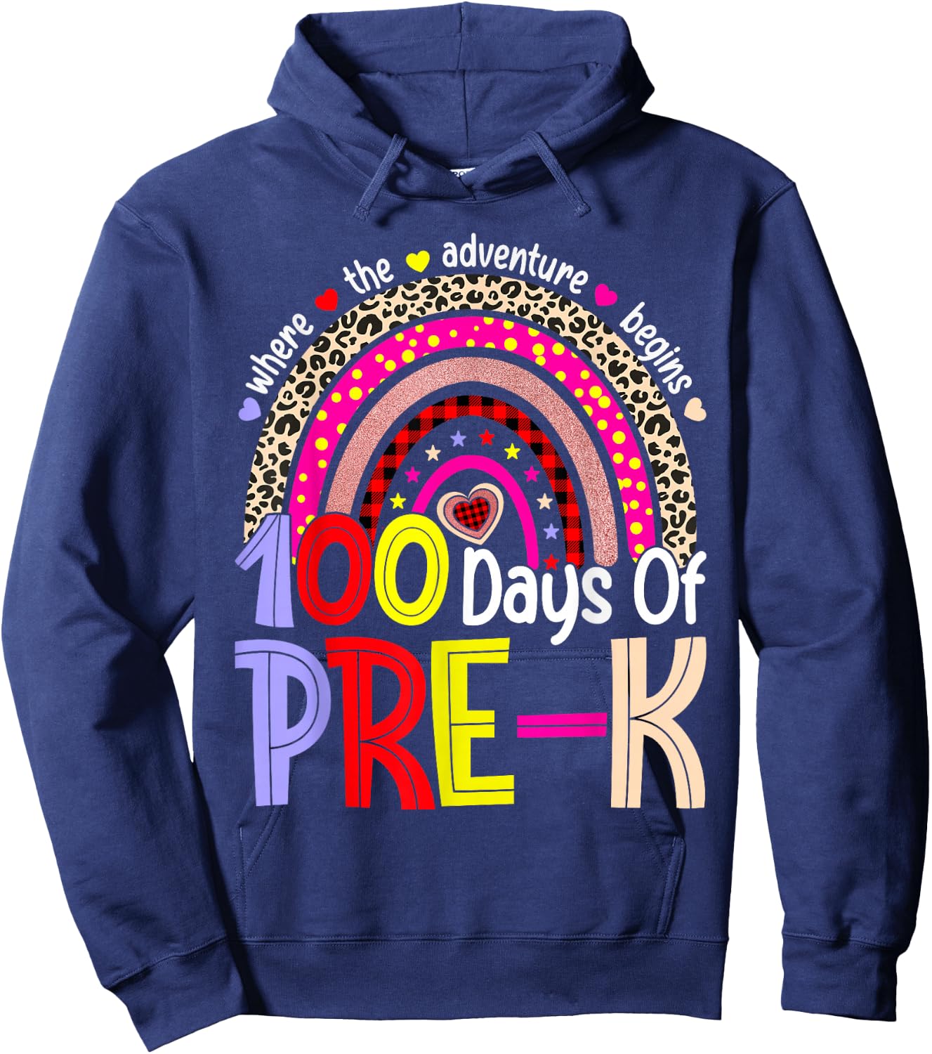 100 Days of Pre-K Happy 100th Day of School Rainbow Leopard Hoodie - Hoodie | Navy