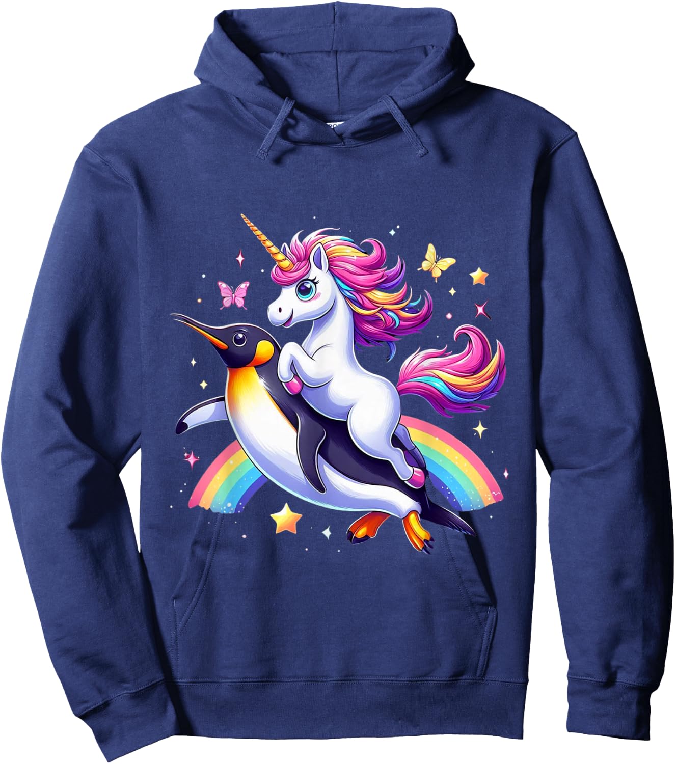 Unicorn Riding Penguin Boys Girls Men Women Kids Rainbow Hoodie - Hoodie | Navy