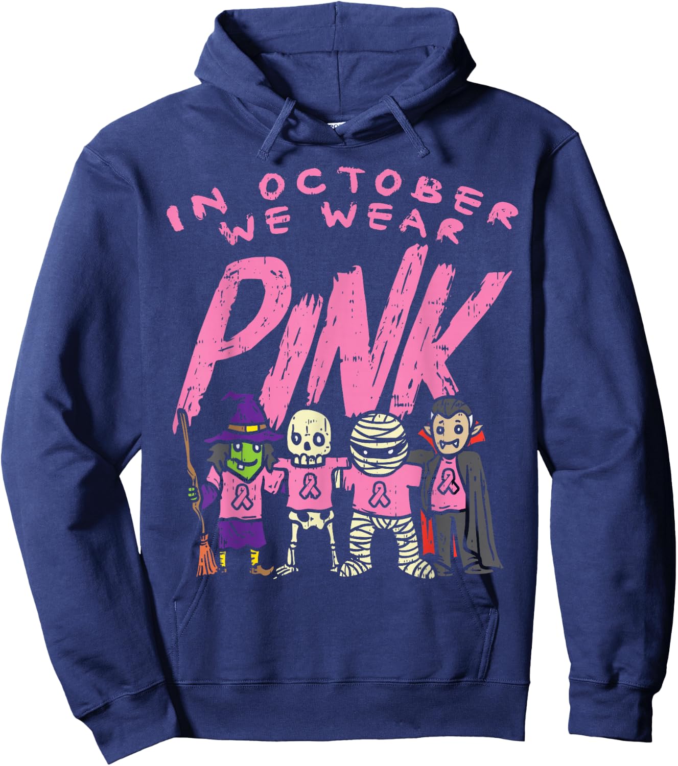 October We Wear Pink Witch Skeleton Halloween Breast Cancer Hoodie - Hoodie | Navy