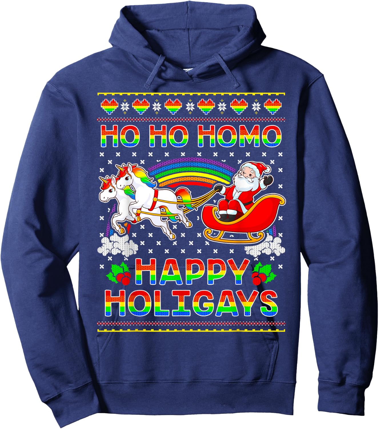 Gay Pride Santa Ho Ho Homo Happy Holigays Ugly Christmas Hoodie - Hoodie | Navy