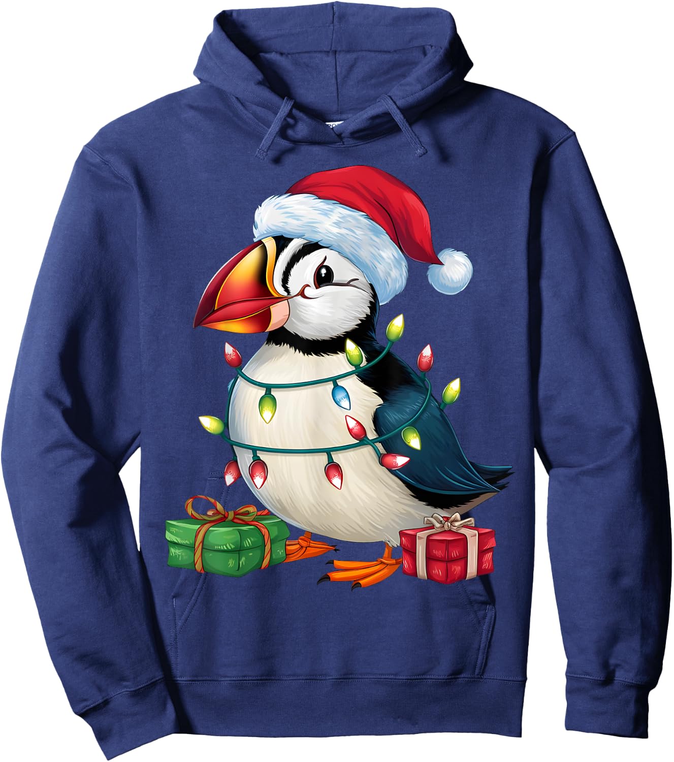 Puffin Bird Lover Xmas Lighting Santa Hat Puffin Christmas Hoodie - Hoodie | Navy