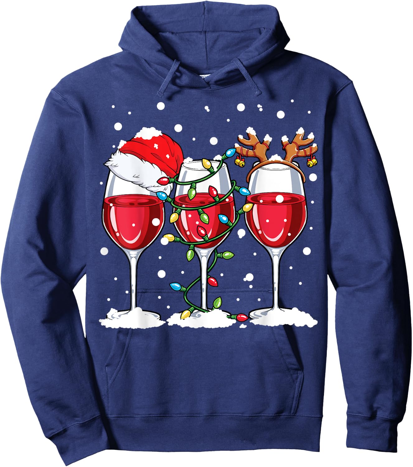 Wine Christmas Santa Hat Xmas Lights Reindeer Antlers Women Hoodie - Hoodie | Navy