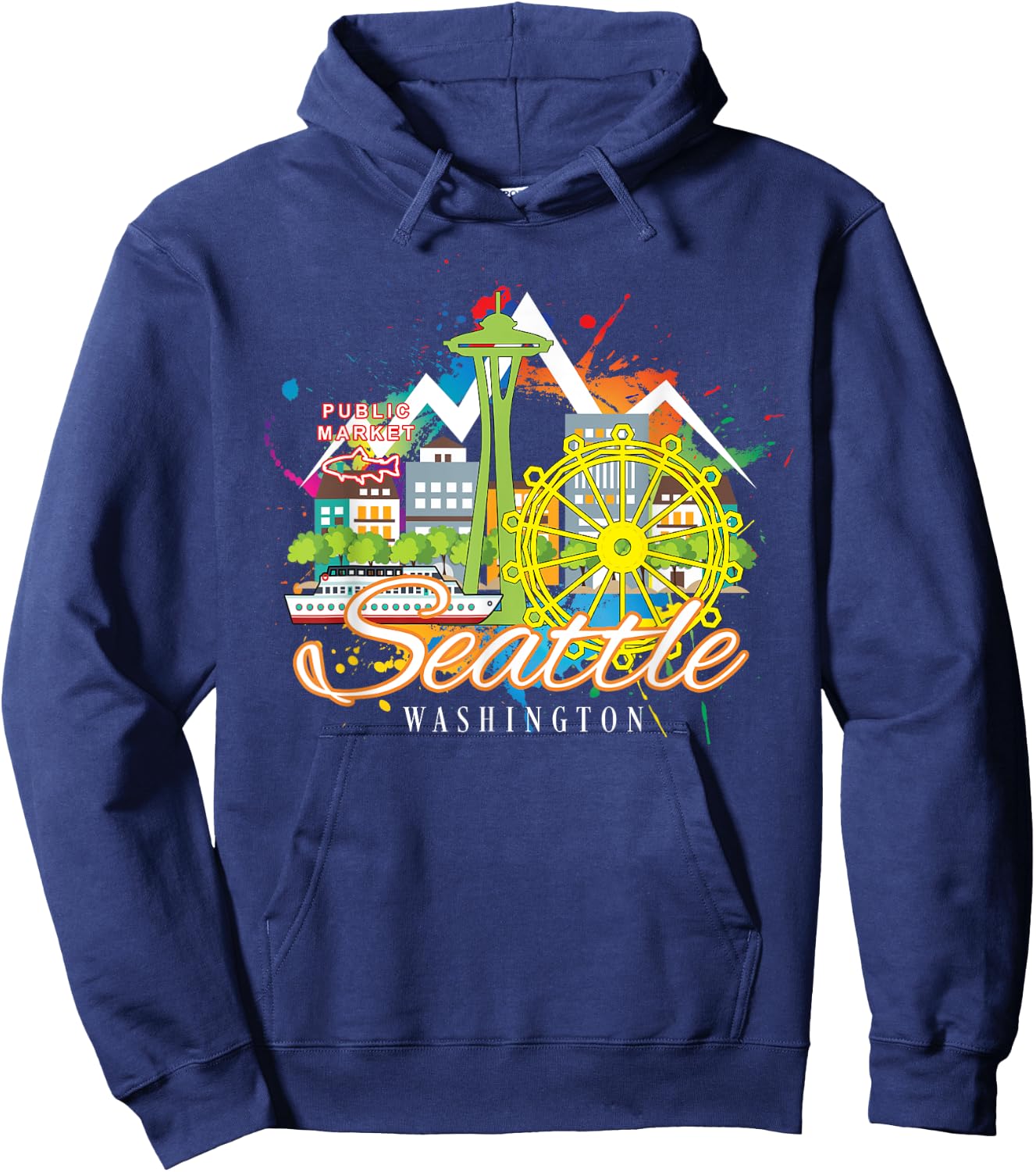 Seattle Washington Space Needle Harbor Skyline Souvenir Hoodie - Hoodie | Navy