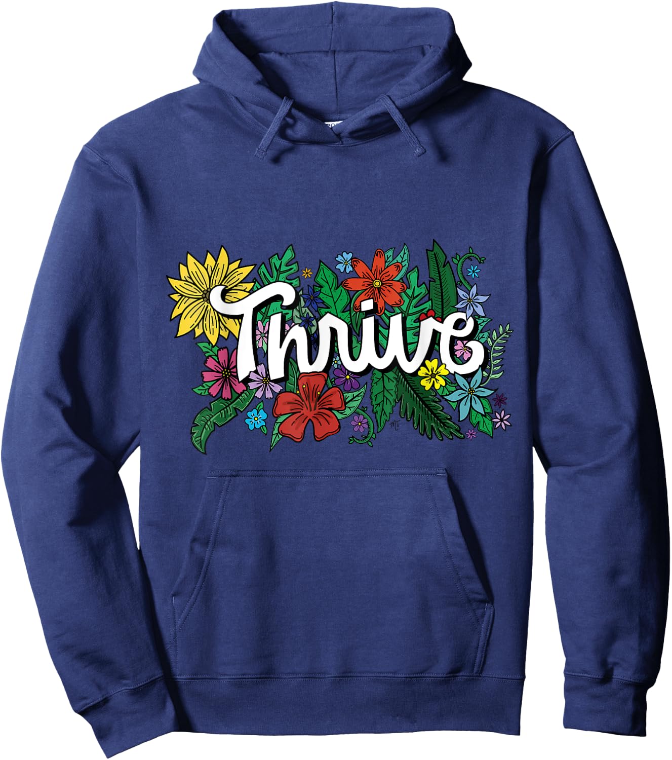 Thrive Retro Flowers Illustrated Design Graphic T Shirt Hoodie - Hoodie | Navy