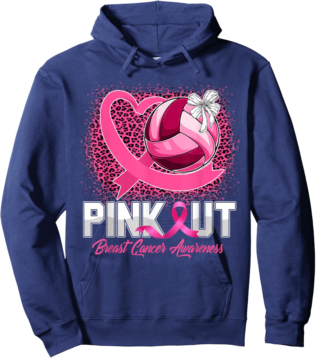 Pink Out Breast Cancer Awareness Volleyball Leopard Bleached Hoodie - Hoodie | Navy