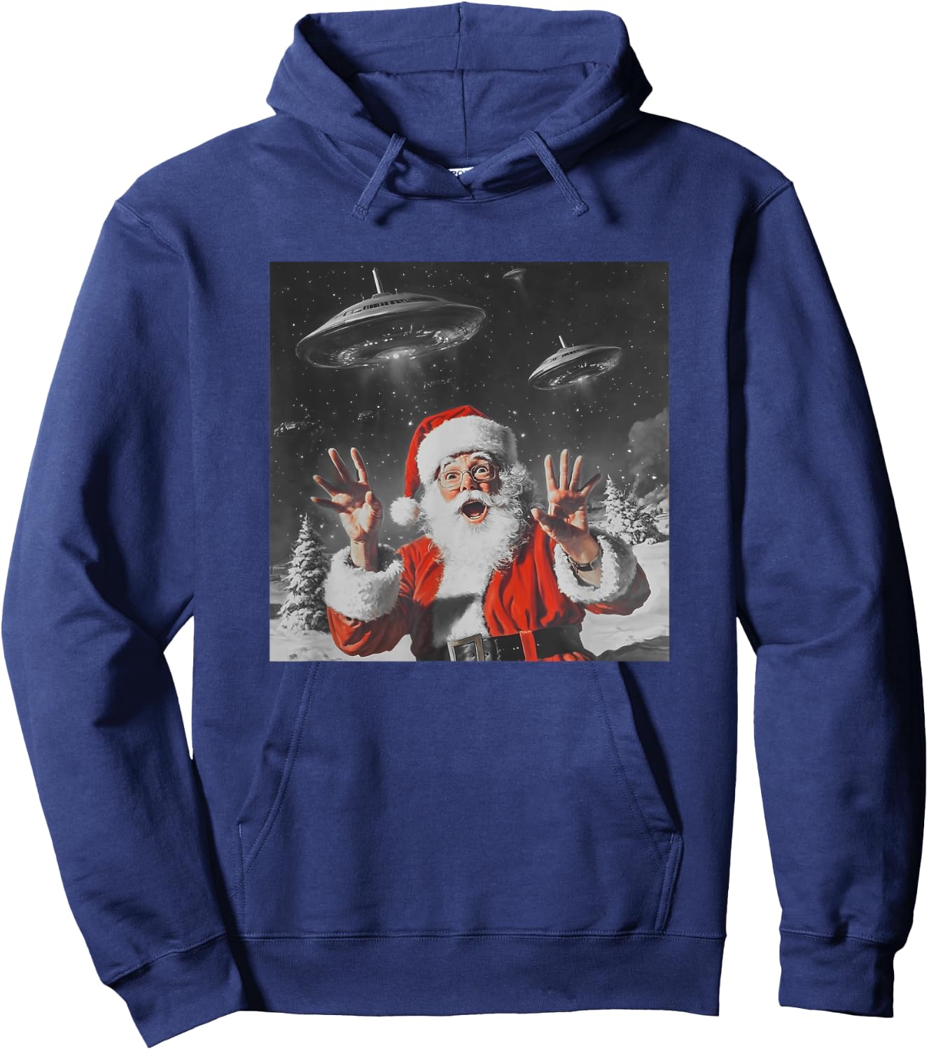 Santa Claus Selfie with UFOs Weird Print Graphic Space Funny Hoodie - Hoodie | Navy