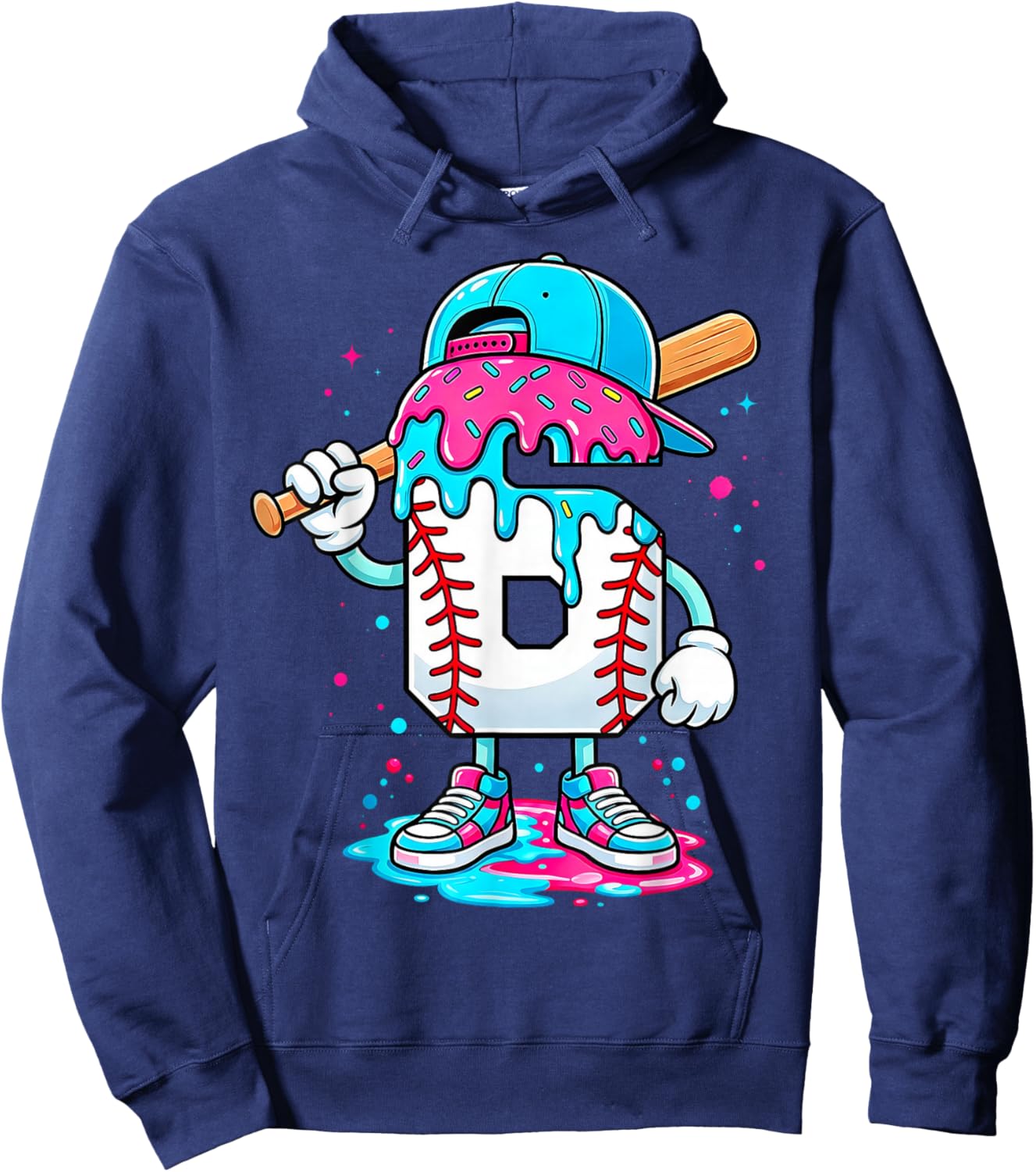 Baseball 6th Birthday Boy 6 Year Old Ice Cream Drip Hoodie - Hoodie | Navy