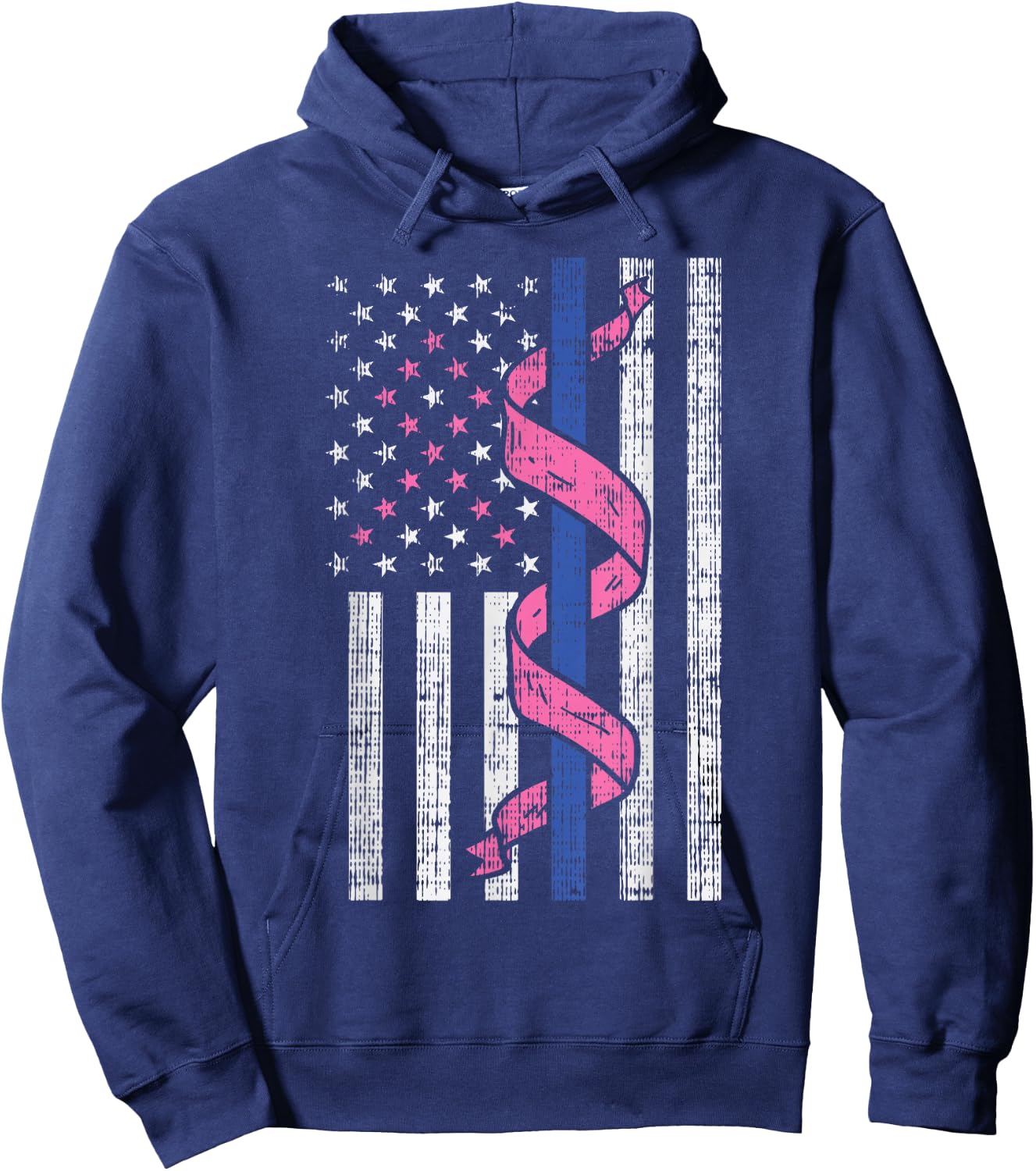 Blue Line Police US Flag Pink Ribbon Breast Cancer Awareness Hoodie - Hoodie | Navy