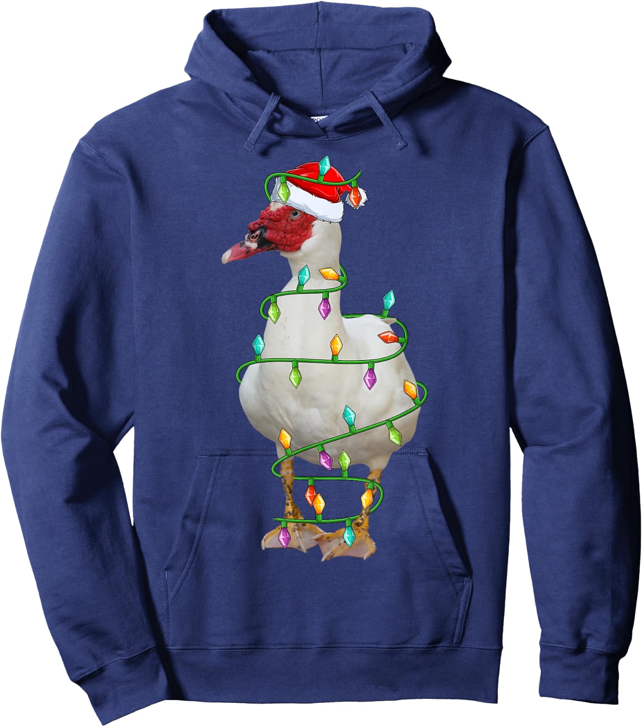 Xmas Lights Santa Hat Muscovy Duck Bird Christmas Hoodie - Hoodie | Navy
