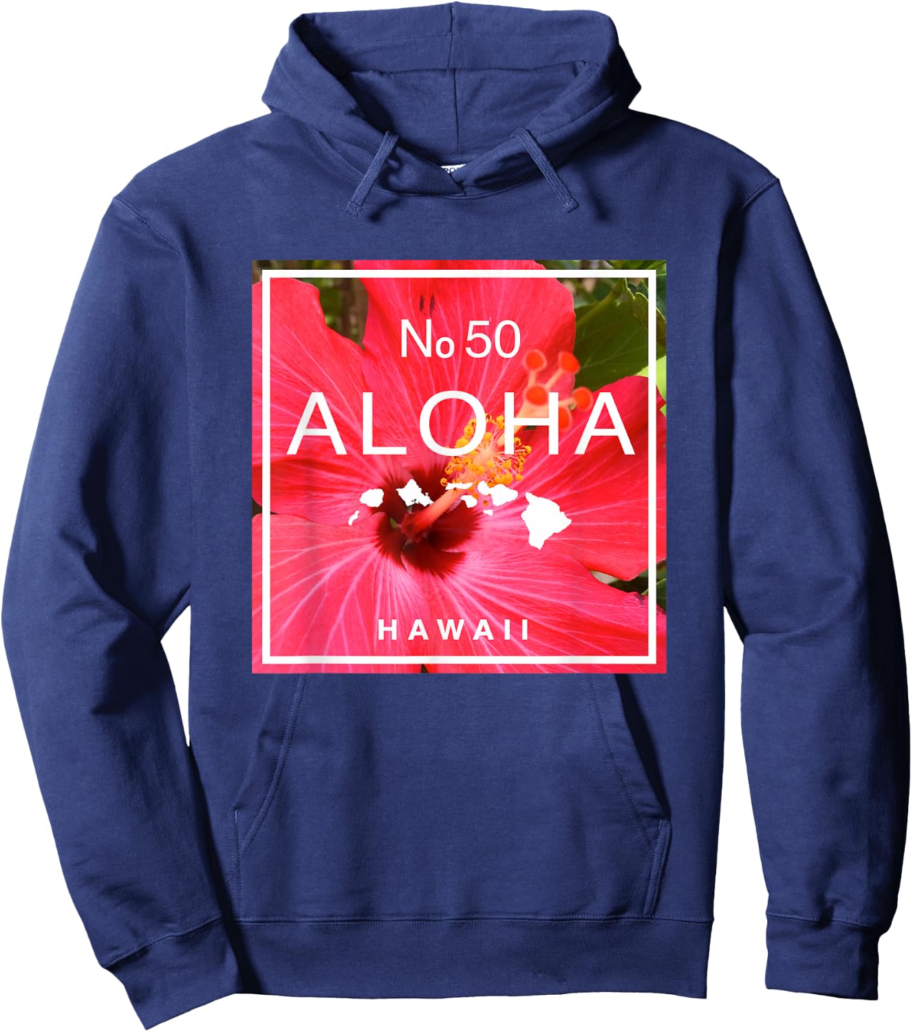 Hawaii Aloha No. 50 Red Hibiscus & Hawaiian Island Map Hoodie - Hoodie | Navy