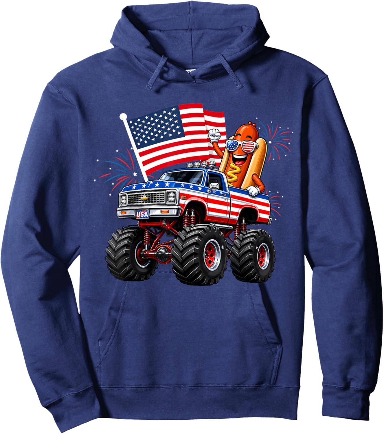 Monster Truck Hotdog 4th of July USA American Flag Men Boys Hoodie - Hoodie | Navy