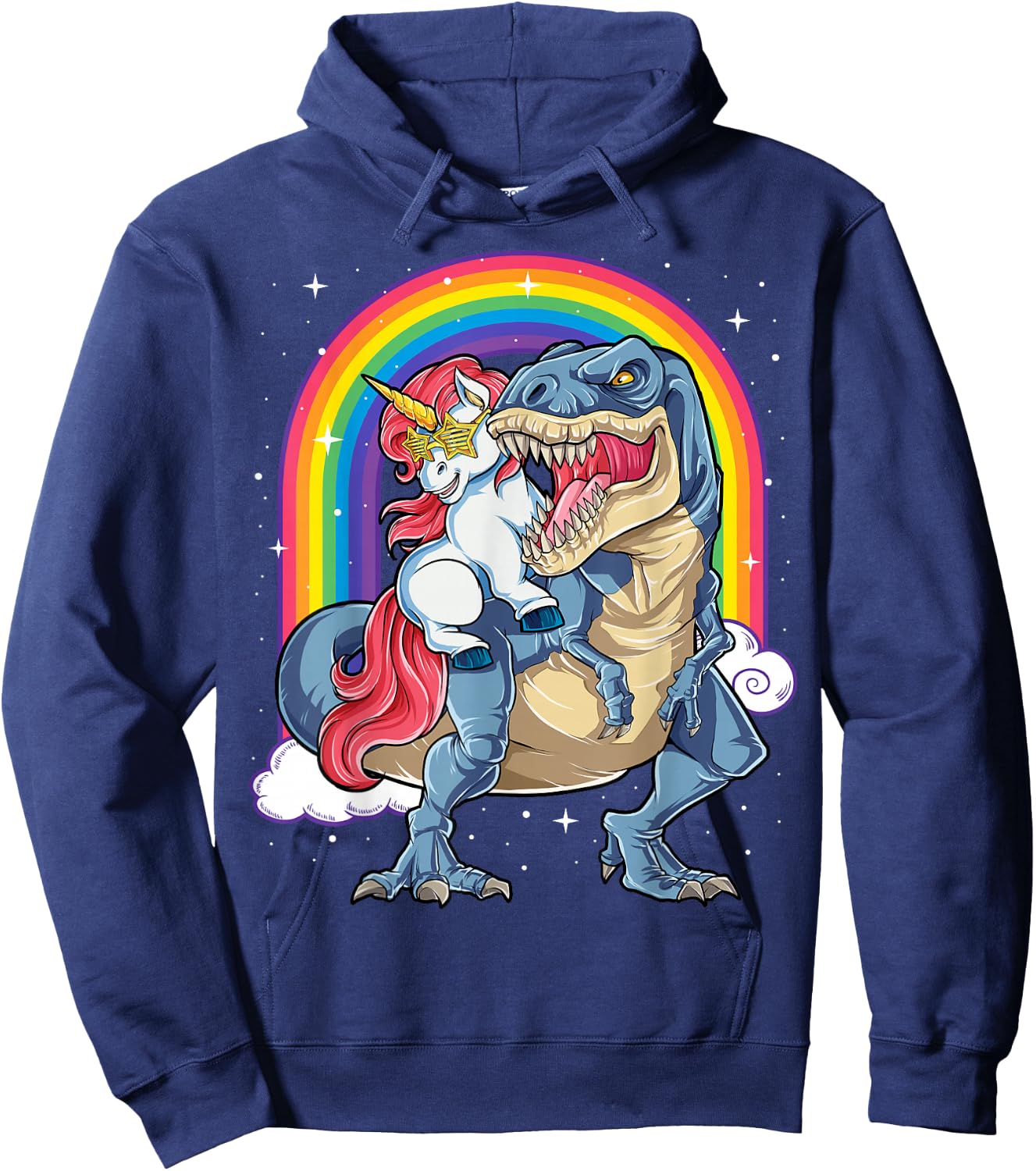 Unicorn Riding T rex Dinosaur Boys Girls Men Women Rainbow Hoodie - Hoodie | Navy