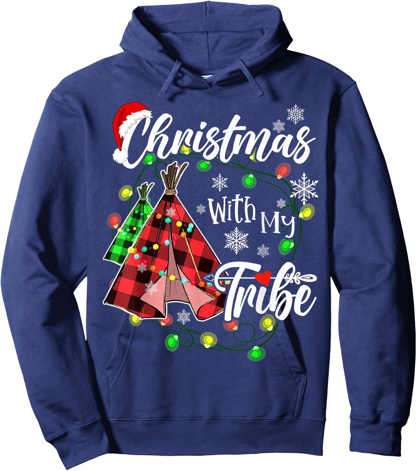 Christmas With My Tribe Family Plaid Pajamas Xmas Lights Hoodie - Hoodie | Navy