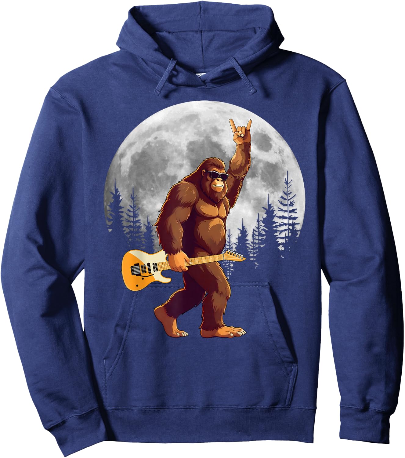 Bigfoot Carrying Guitar At Night Full Moon Trees Sasquatch Hoodie - Hoodie | Navy