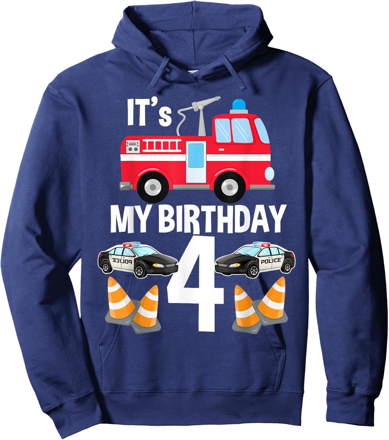 It's My Birthday Fire Truck Police Car 4th Birthday Hoodie - Hoodie | Navy