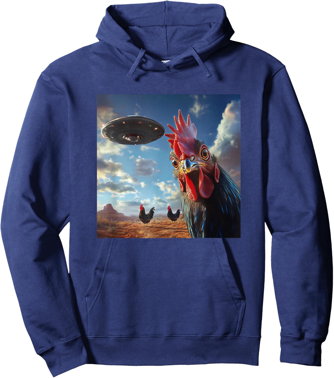 Chicken Hum Selfie with UFOs Weird Print Graphic Space Funny Hoodie - Hoodie | Navy