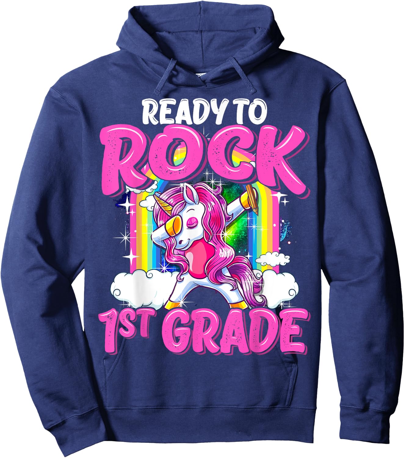 Ready To Rock 1st Grade Dabbing Unicorn Back To School Girls Hoodie - Hoodie | Navy
