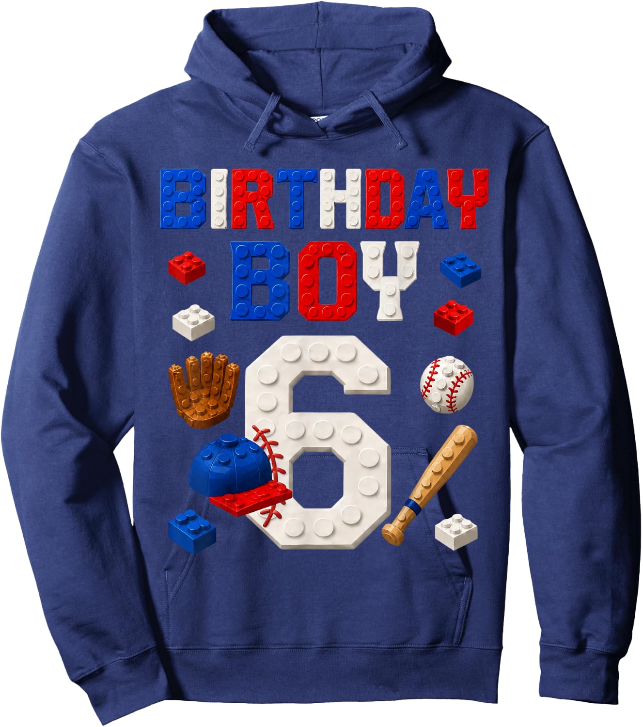 6th Birthday Boy 6 Year Old Baseball Building Blocks Party Hoodie - Hoodie | Navy