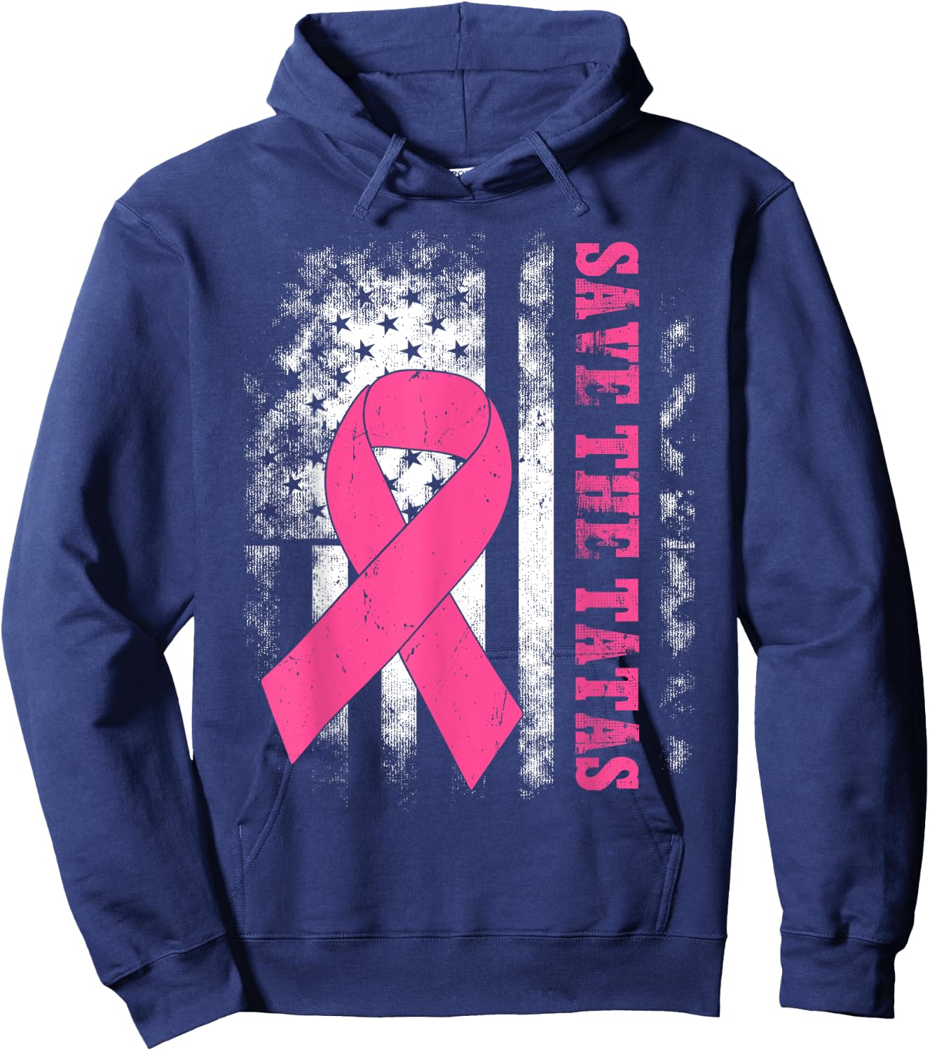 Save The Tatas Breast Cancer Awareness USA Flag Pink Ribbon Hoodie - Hoodie | Navy