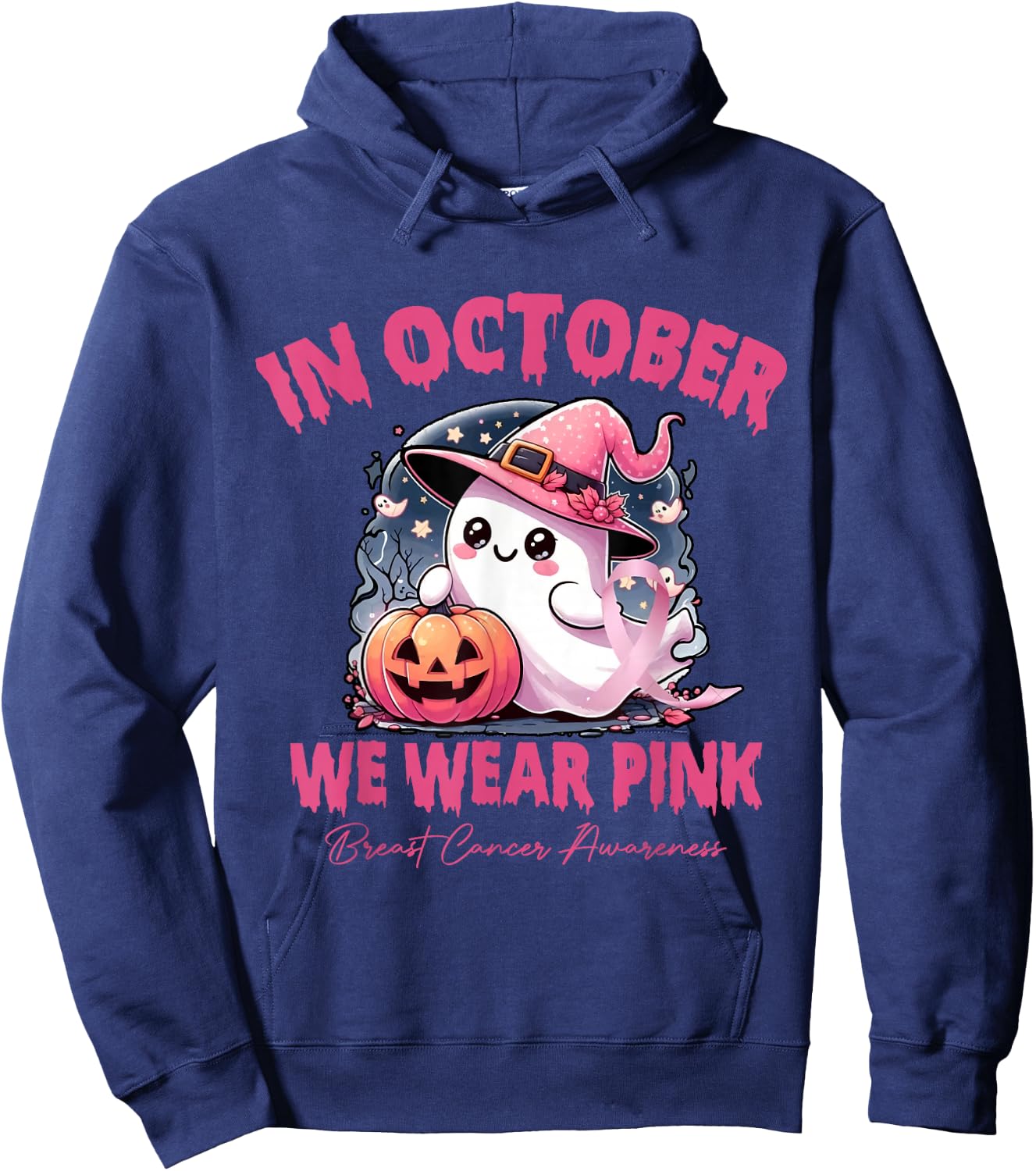 In October We Wear Pink Ghosts Breast Cancer Awareness Hoodie - Hoodie | Navy