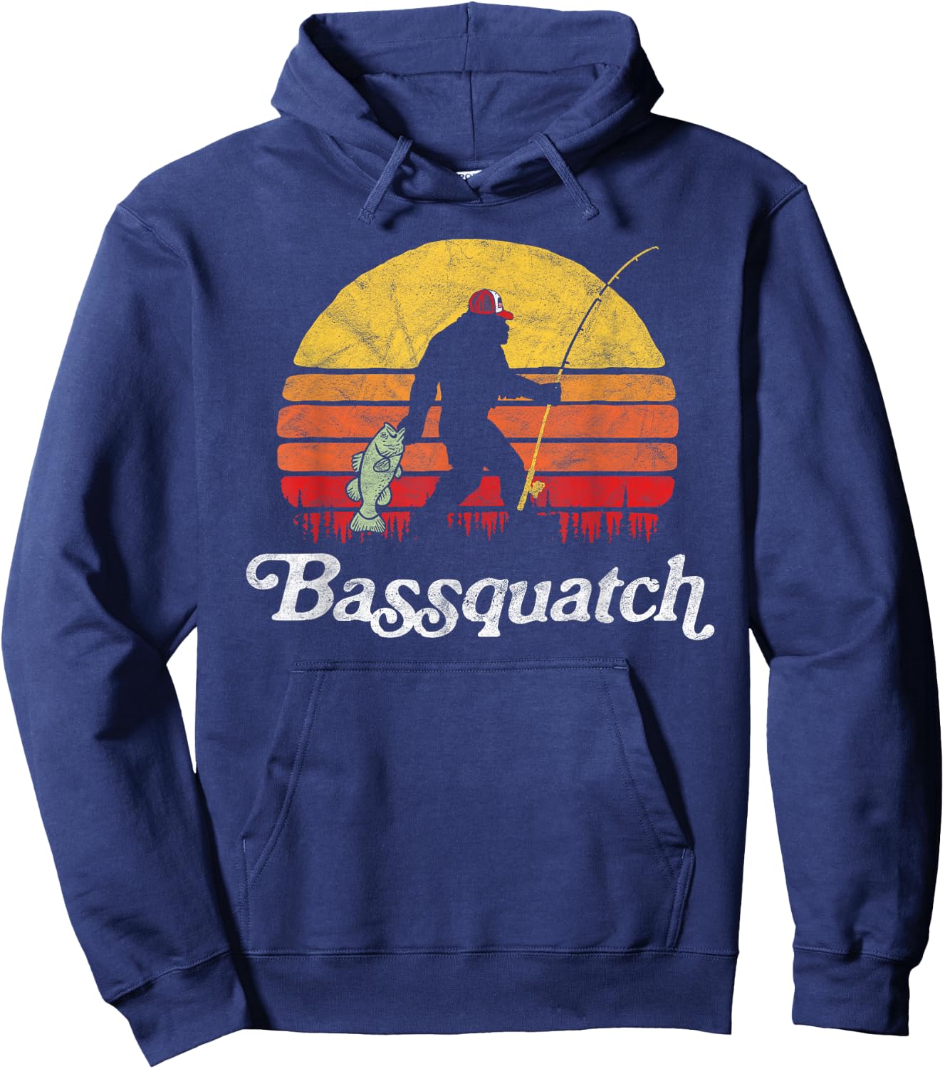 Bigfoot UFO Believer 2001 Bassquatch! Funny Bigfoot Fishing Adults Kids Retro Black Medium Hoodie - Hoodie | Navy