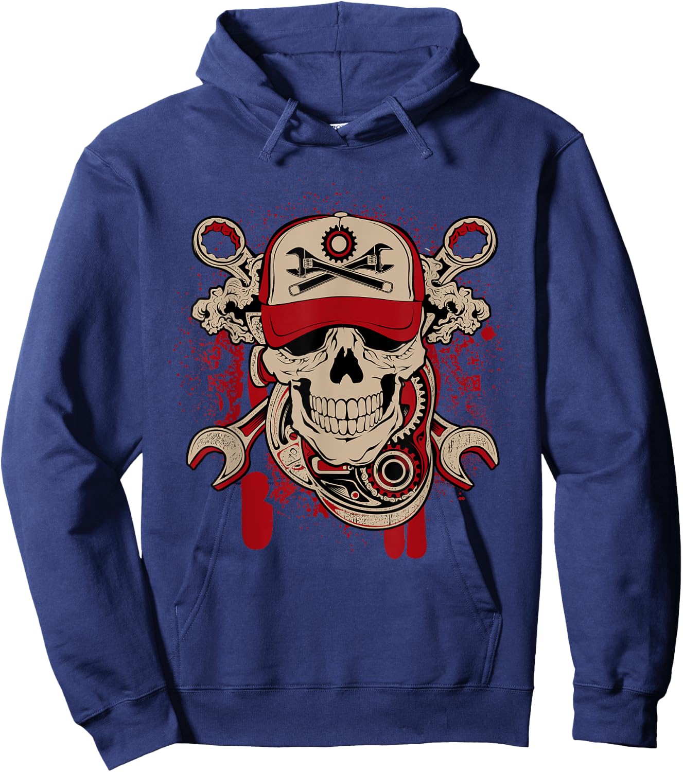 Vintage Mechanic Skull and Wrench Graphic Hoodie - Hoodie | Navy