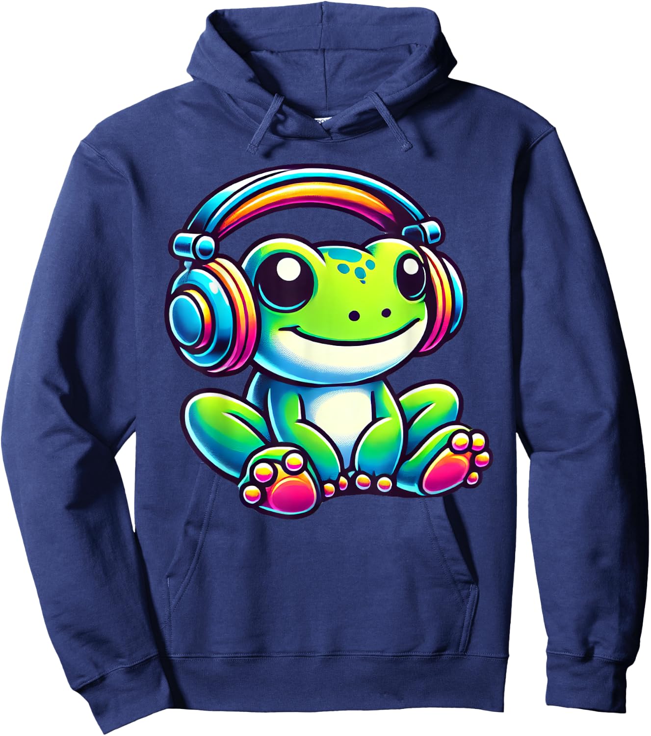Cute Frog Wearing Headphones Hoodie - Hoodie | Navy