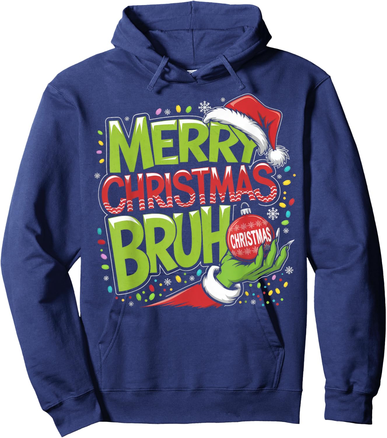 Merry Christmas Bruh Green Hand Santa Hat Xmas Family Pjs Hoodie - Hoodie | Navy