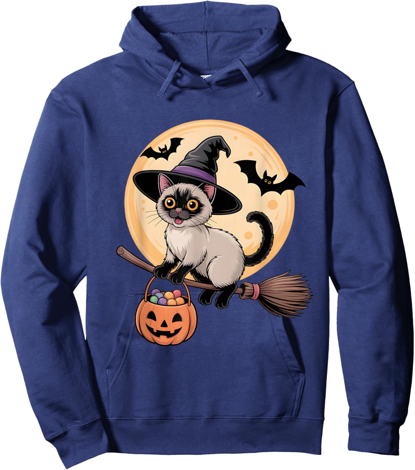 Siamese Cat Witch Hat Pumpkin Halloween Costume Men Women Hoodie - Hoodie | Navy