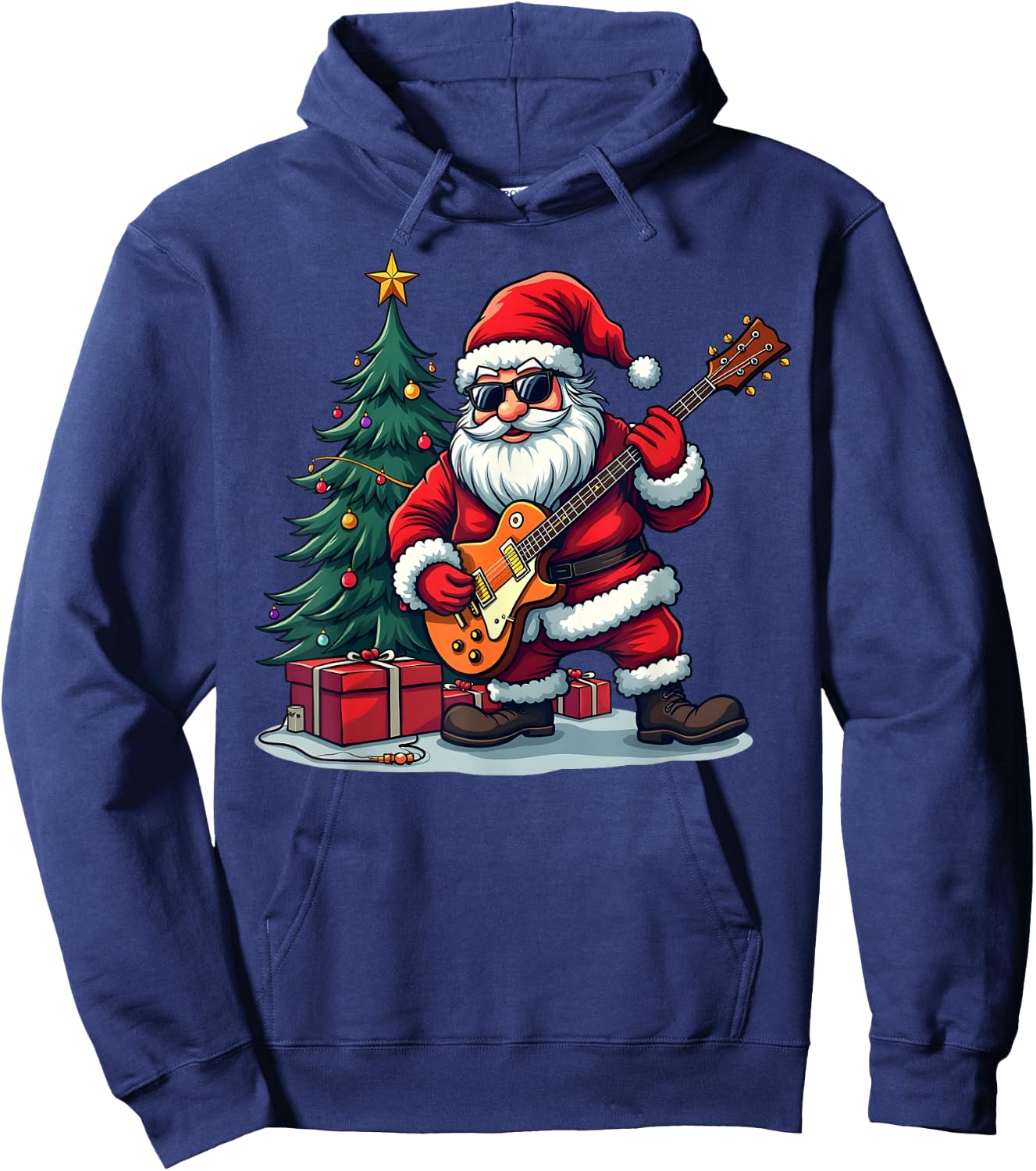 A rockstar Santa with a guitar in front of a Christmas tree Hoodie - Hoodie | Navy